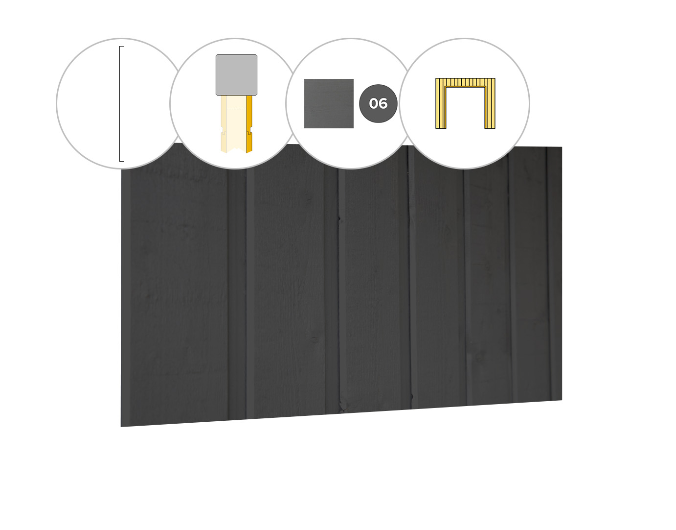 Banddeel plankenset vuren bij wand B, t.b.v. dubbele deur, 228,5 x 224 cm, antraciet gespoten.