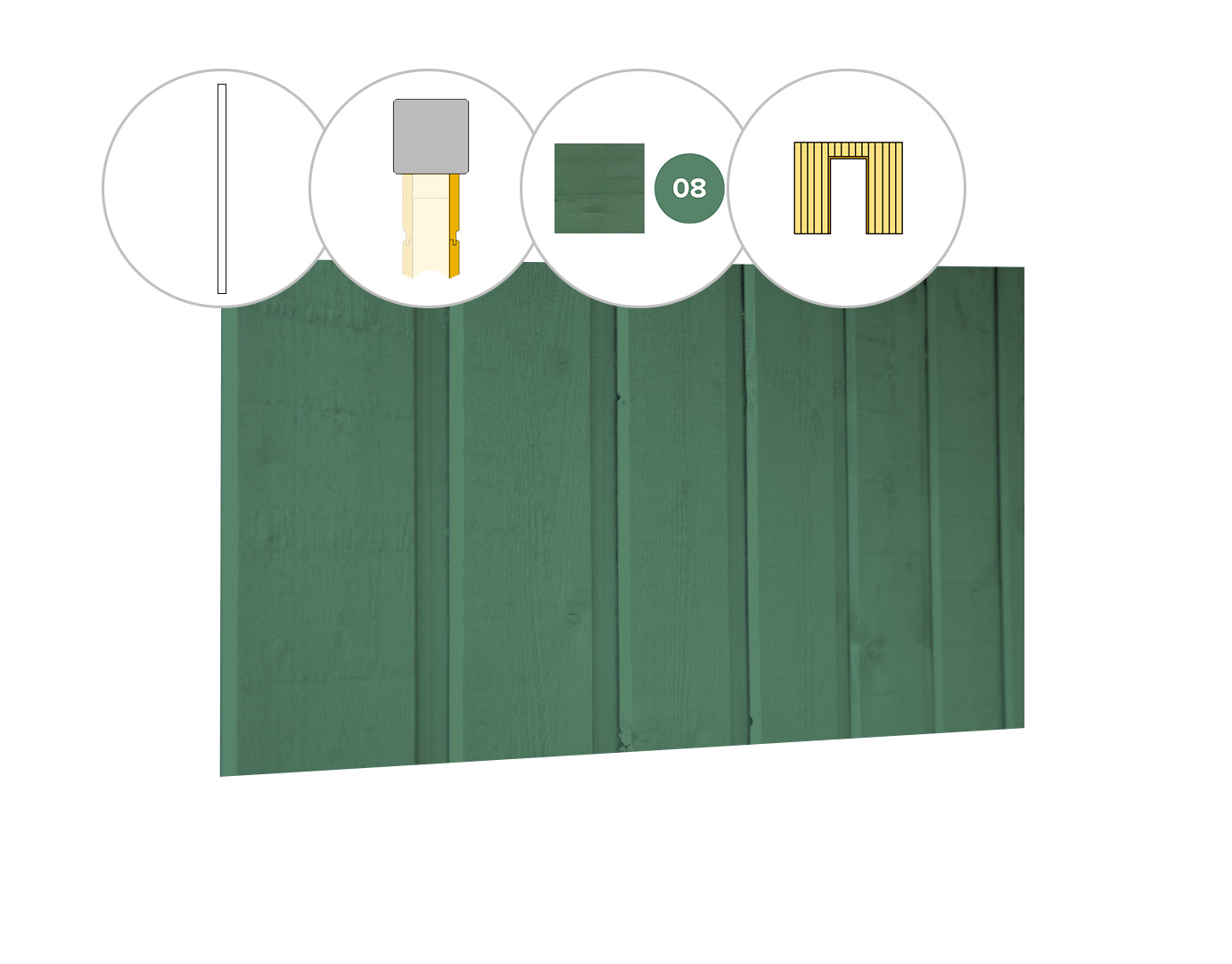 Banddeel plankenset vuren bij wand C, t.b.v. enkele deur, 278,5 x 224 cm, jungle groen gespoten.