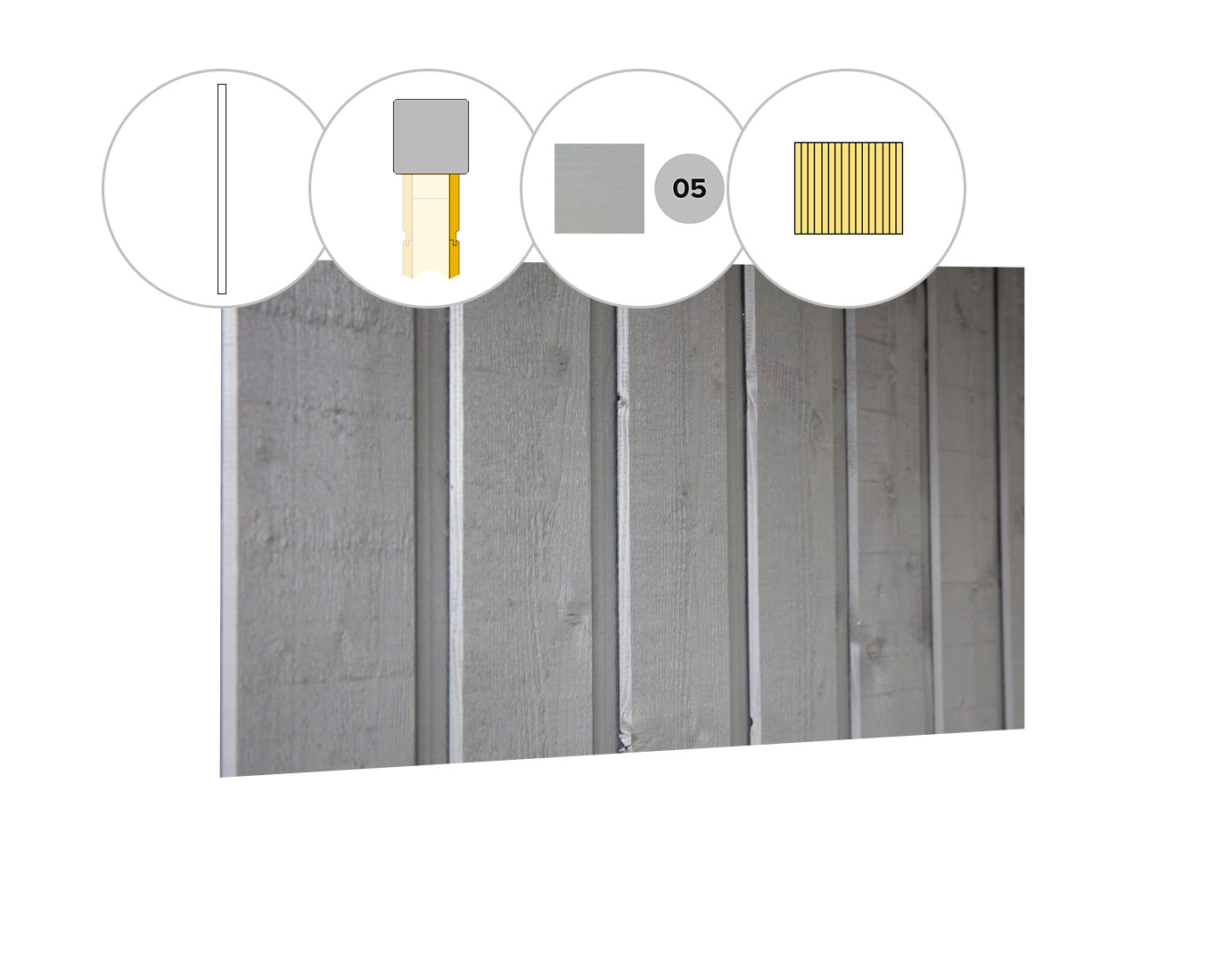 Banddeel plankenset vuren bij wand D, 328,5 x 224 cm, lichtgrijs gespoten.