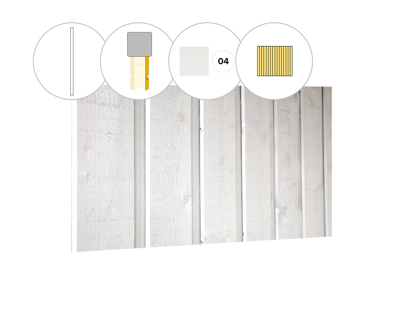 Banddeel plankenset vuren bij wand E, 371 x 224 cm, wit gespoten.