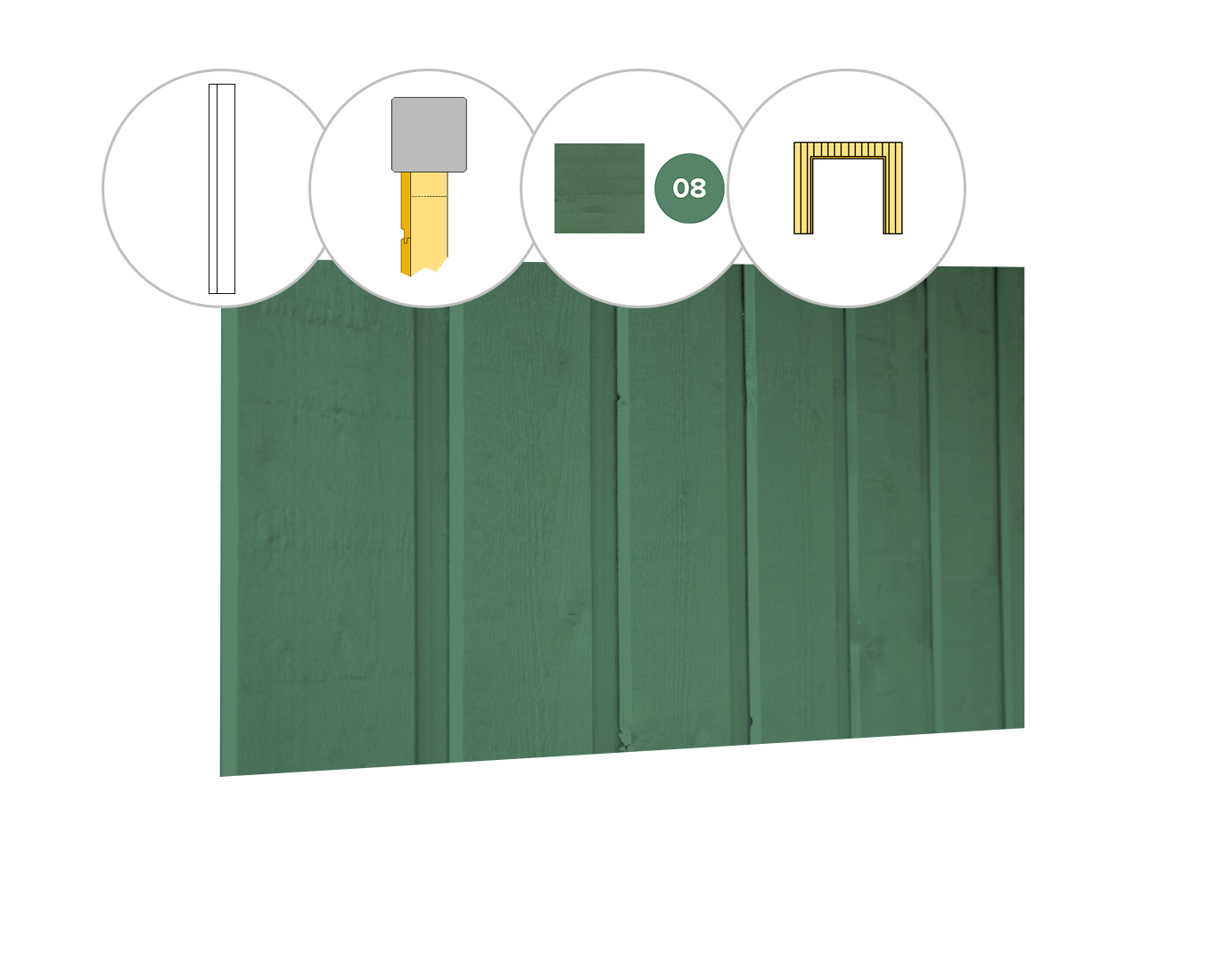 Banddeel vuren enkelzijdige wand D, t.b.v. dubbele deur, 328,5 x 224 cm, jungle groen gespoten.