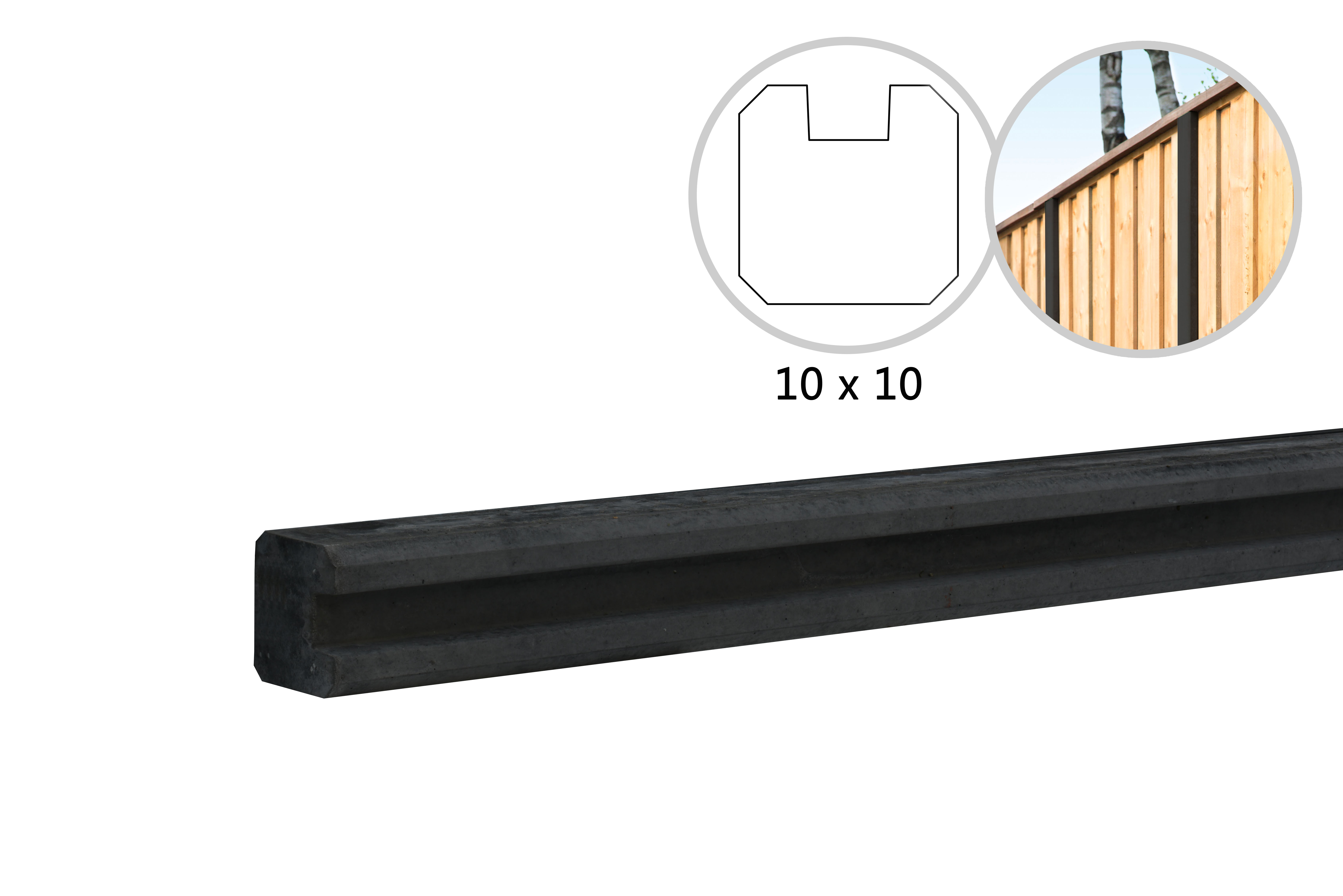 Betonpaal glad met vellingkant, v.z.v. sleuf, 10 x 10 x 295 cm, antraciet, ongecoat, eindpaal.