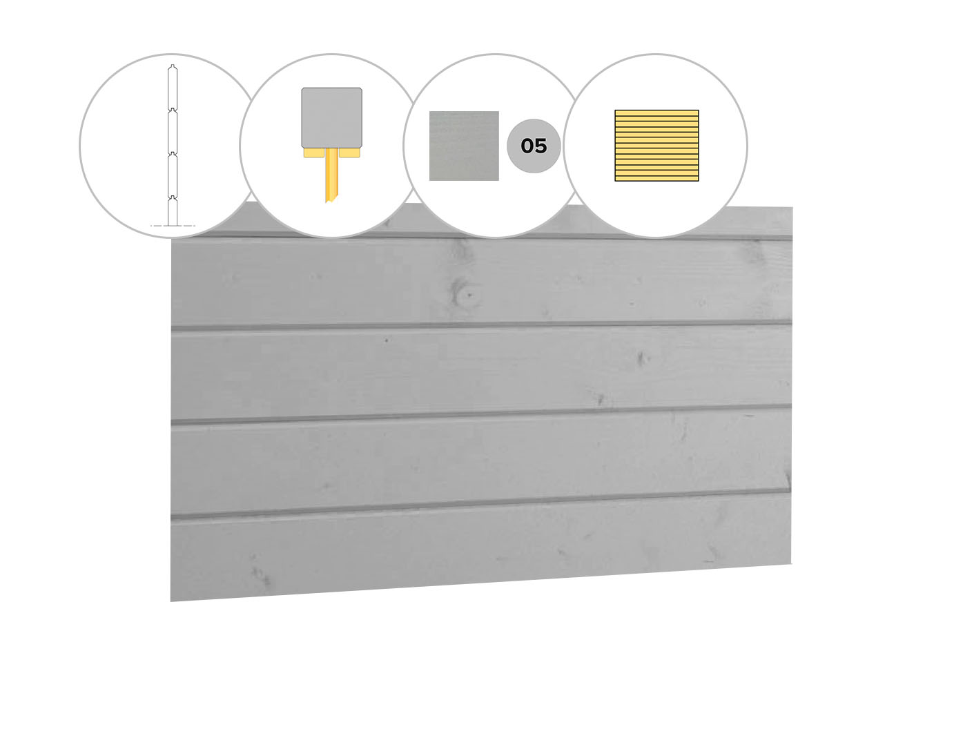 Blokhutprofiel vuren achterwand B, 228,5 x 186 cm, lichtgrijs gespoten.