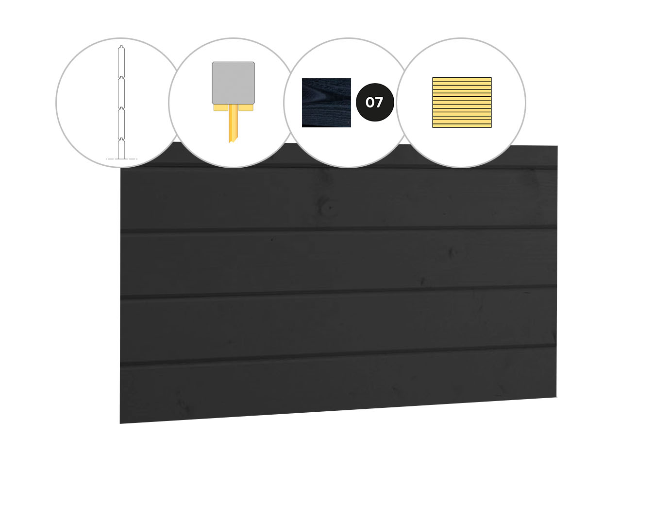 Blokhutprofiel vuren achterwand B, 228,5 x 186 cm, zwart gespoten.