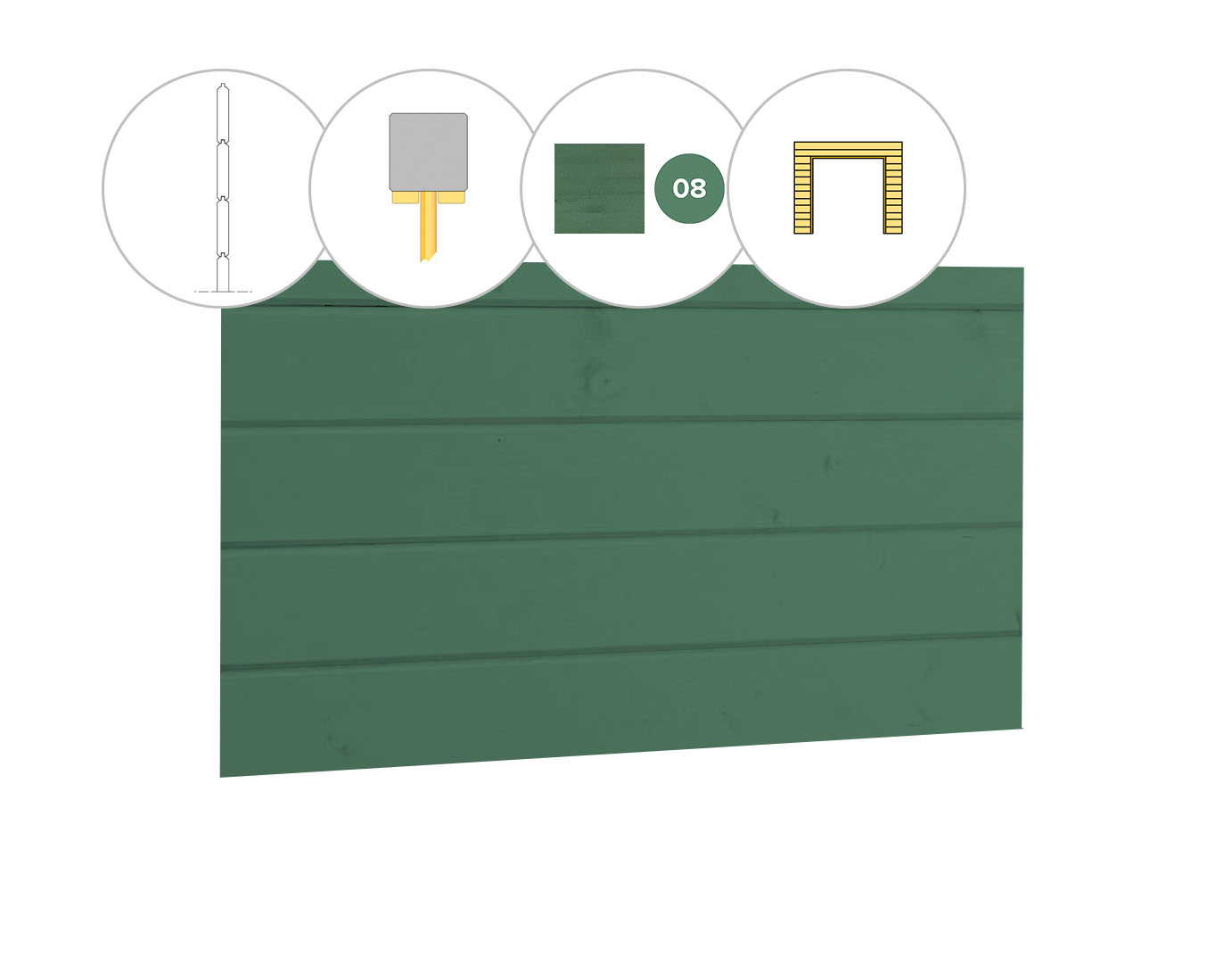 Blokhutprofiel vuren voorwand D, t.b.v. dubbele deur, 328,5 x 285 cm, jungle groen gespoten.