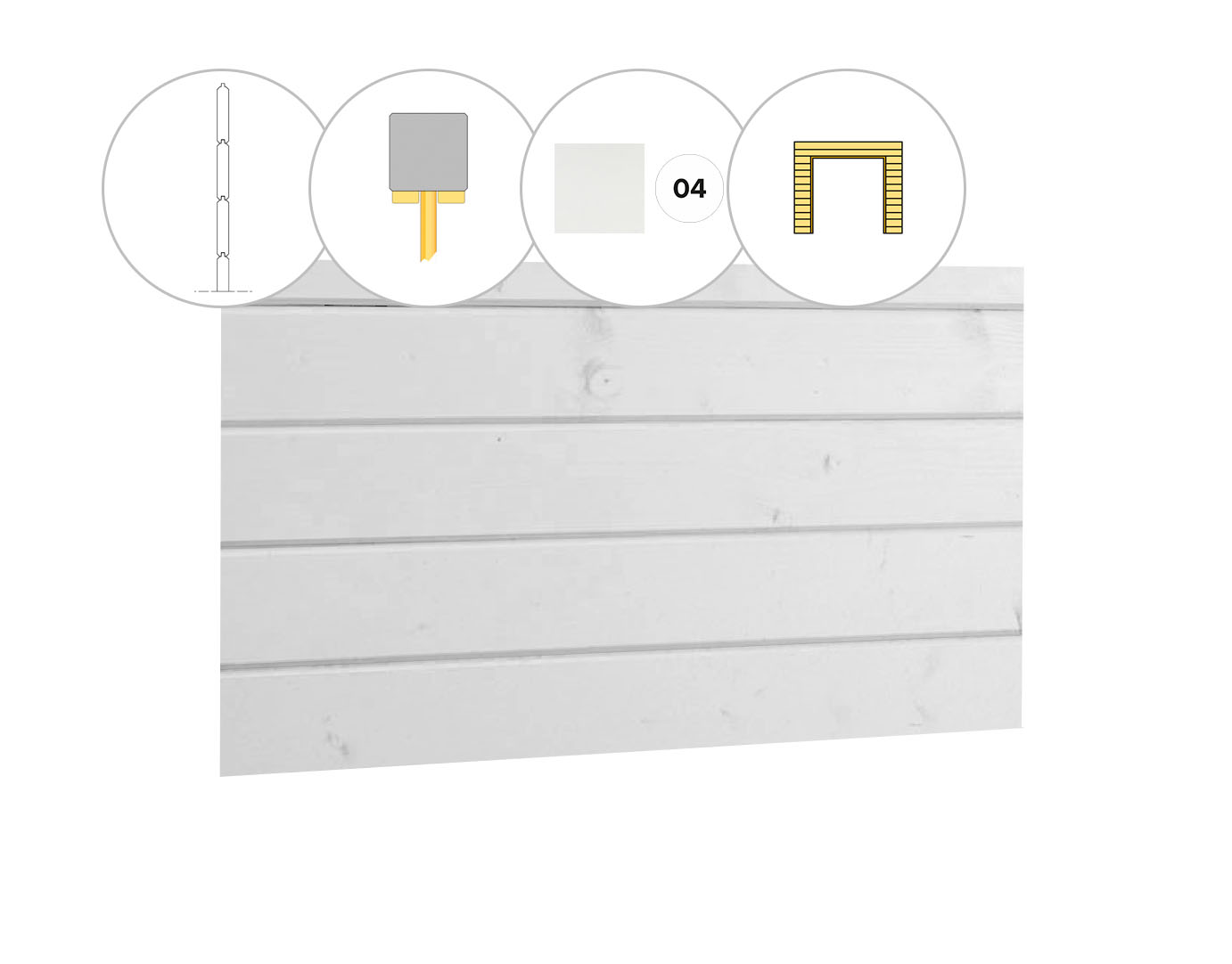 Blokhutprofiel vuren voorwand D, t.b.v. dubbele deur, 328,5 x 285 cm, wit gespoten.