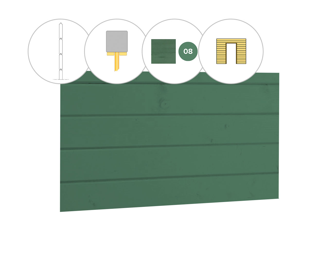 Blokhutprofiel vuren wand C, t.b.v. enkele deur, 278,5 x 224 cm, jungle groen gespoten.