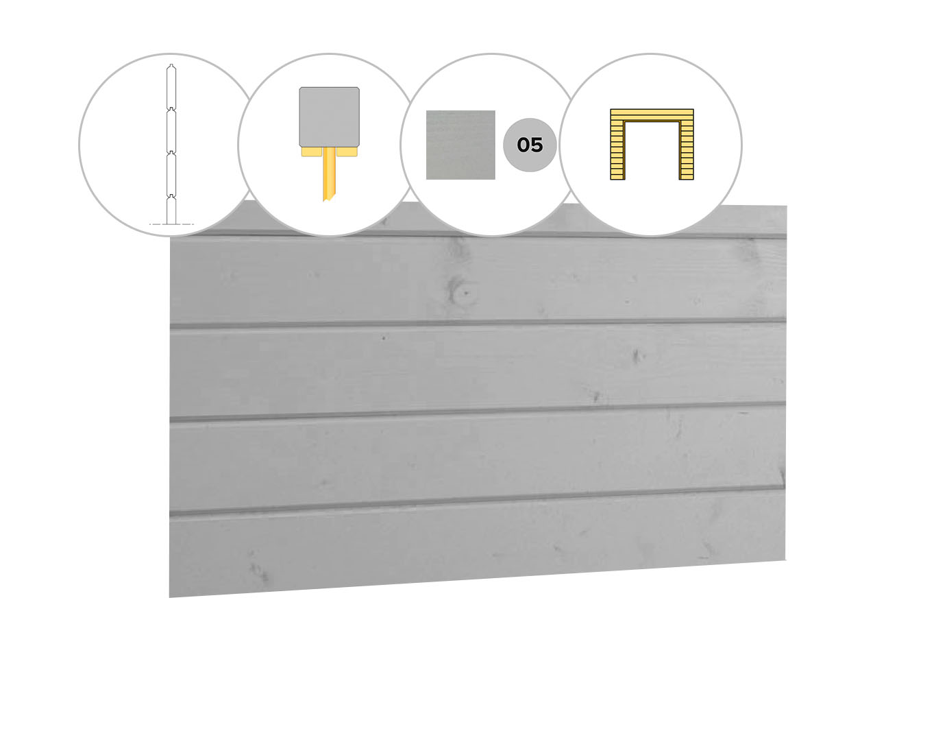 Blokhutprofiel vuren wand D, t.b.v. dubbele deur, 328,5 x 224 cm, lichtgrijs gespoten.