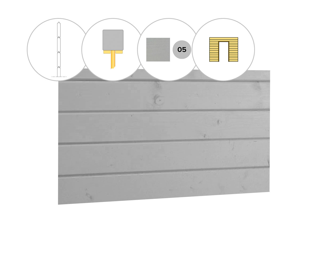 Blokhutprofiel vuren wand D, t.b.v. enkele deur, 328,5 x 224 cm, lichtgrijs gespoten.