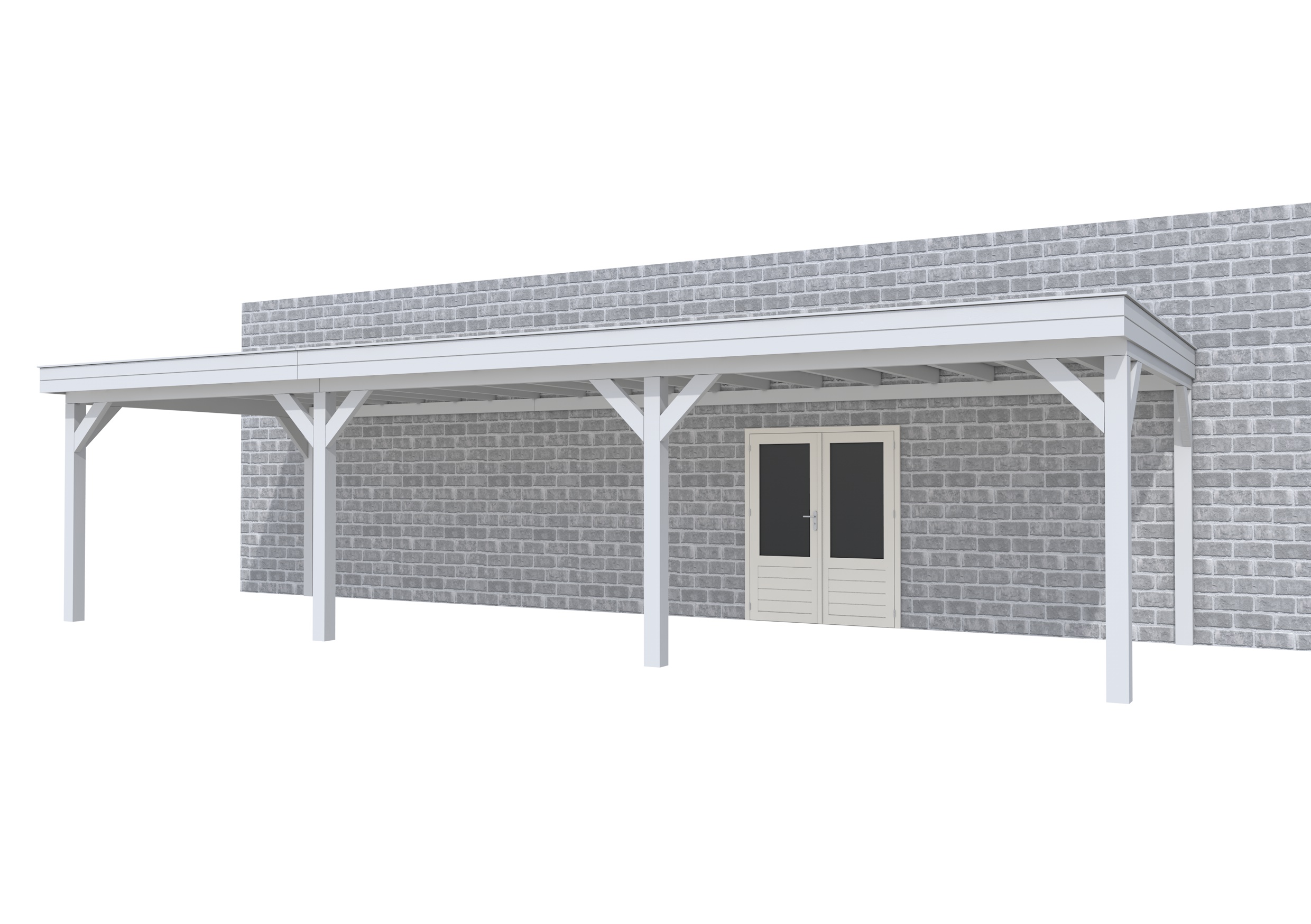 Buitenverblijf aan huis Premium III, vuren, basismodel XL/D, 1042x349 cm, lichtgrijs gespoten.