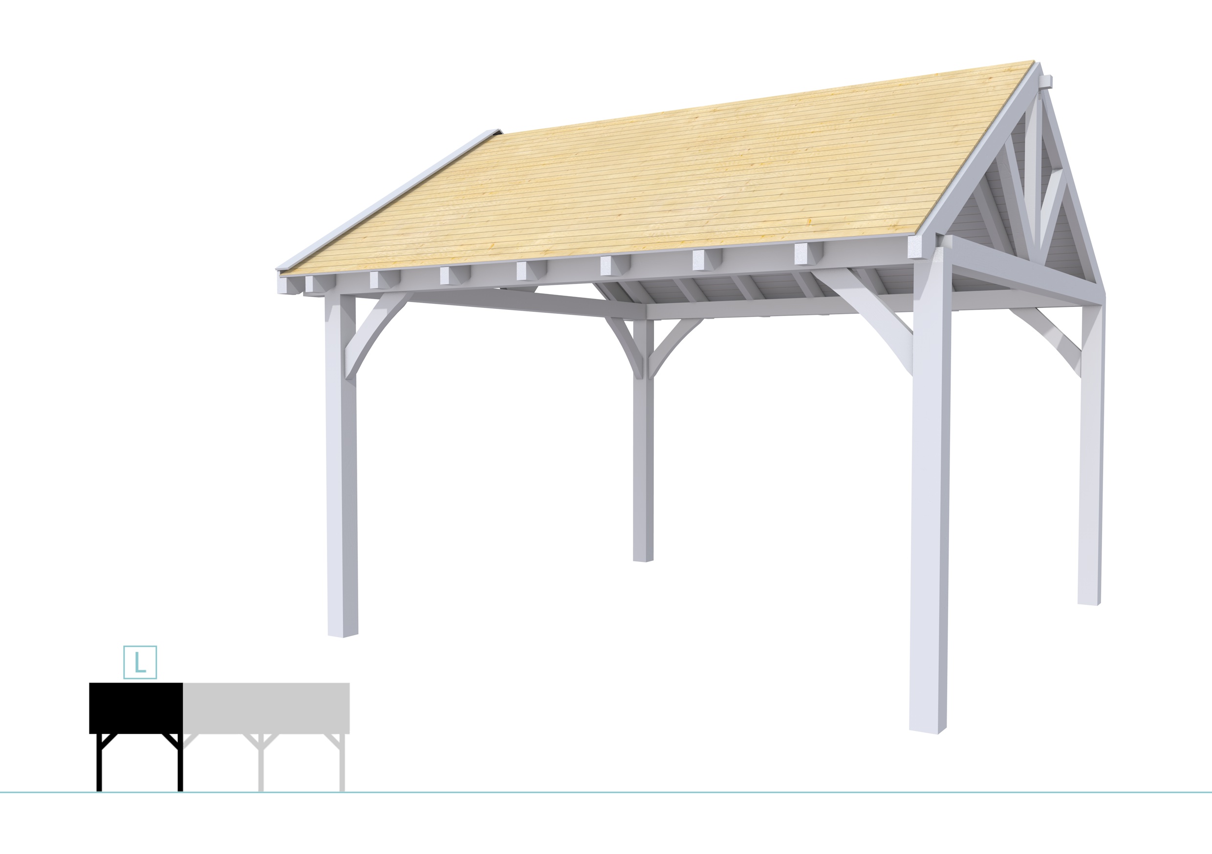 Buitenverblijf met zadeldak Excellent Modulair, vuren, linkerdeel XXL/E, 399x399 cm, lichtgrijs gespoten.