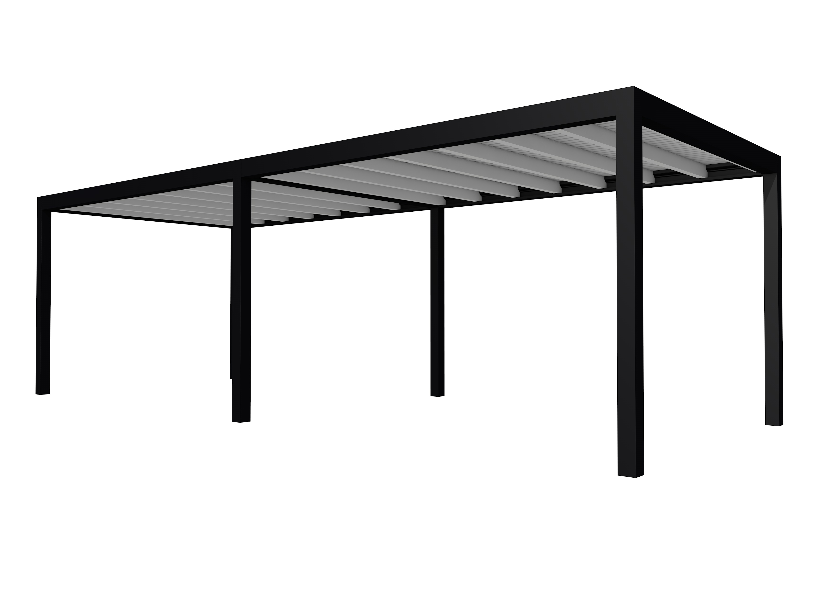 Buitenverblijf plat dak Allure II, vuren, basismodel L/E, 778x303 cm, lichtgrijs gespoten.