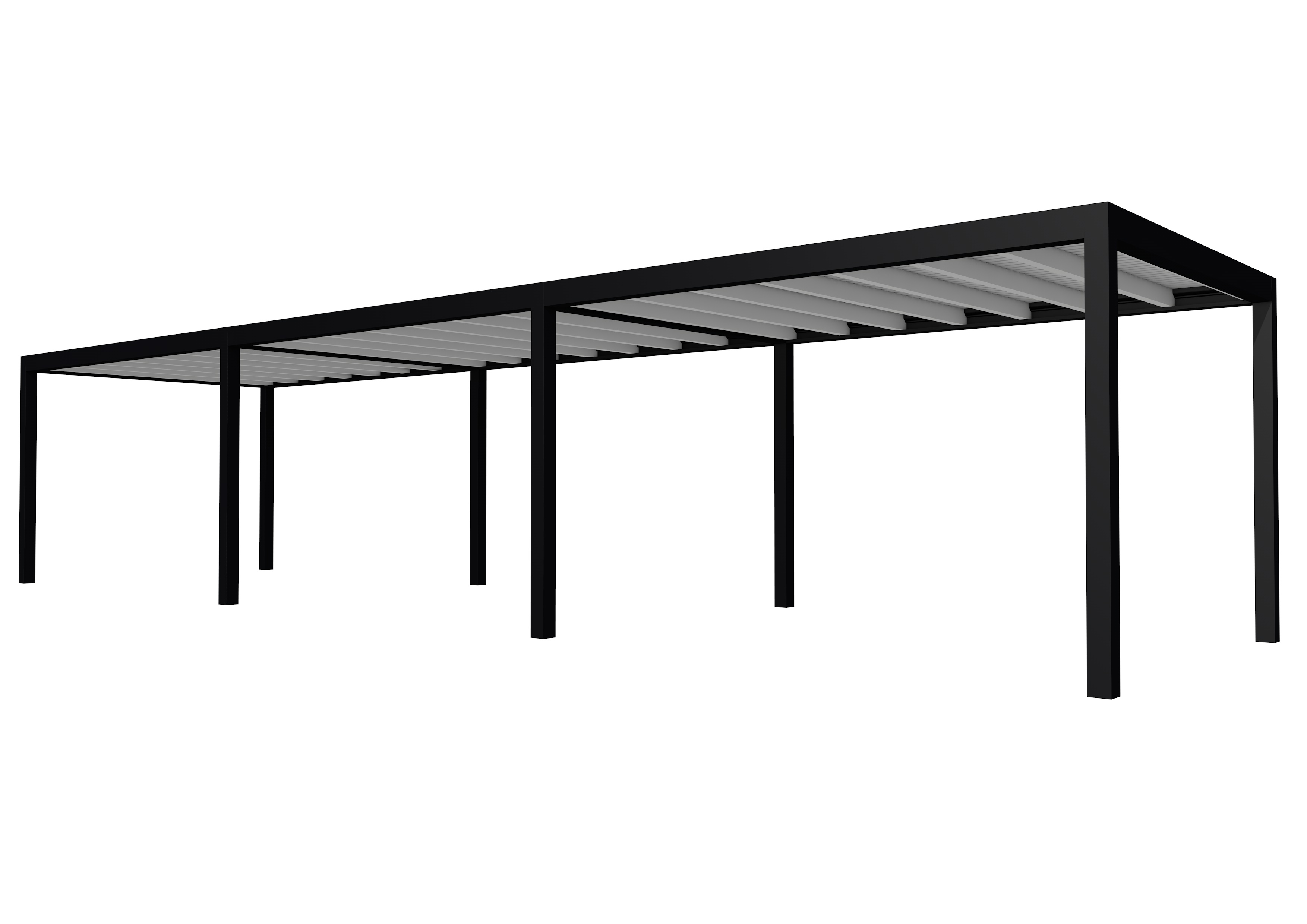 Buitenverblijf plat dak Allure III, vuren, basismodel L/E, 1161x303 cm, lichtgrijs gespoten.