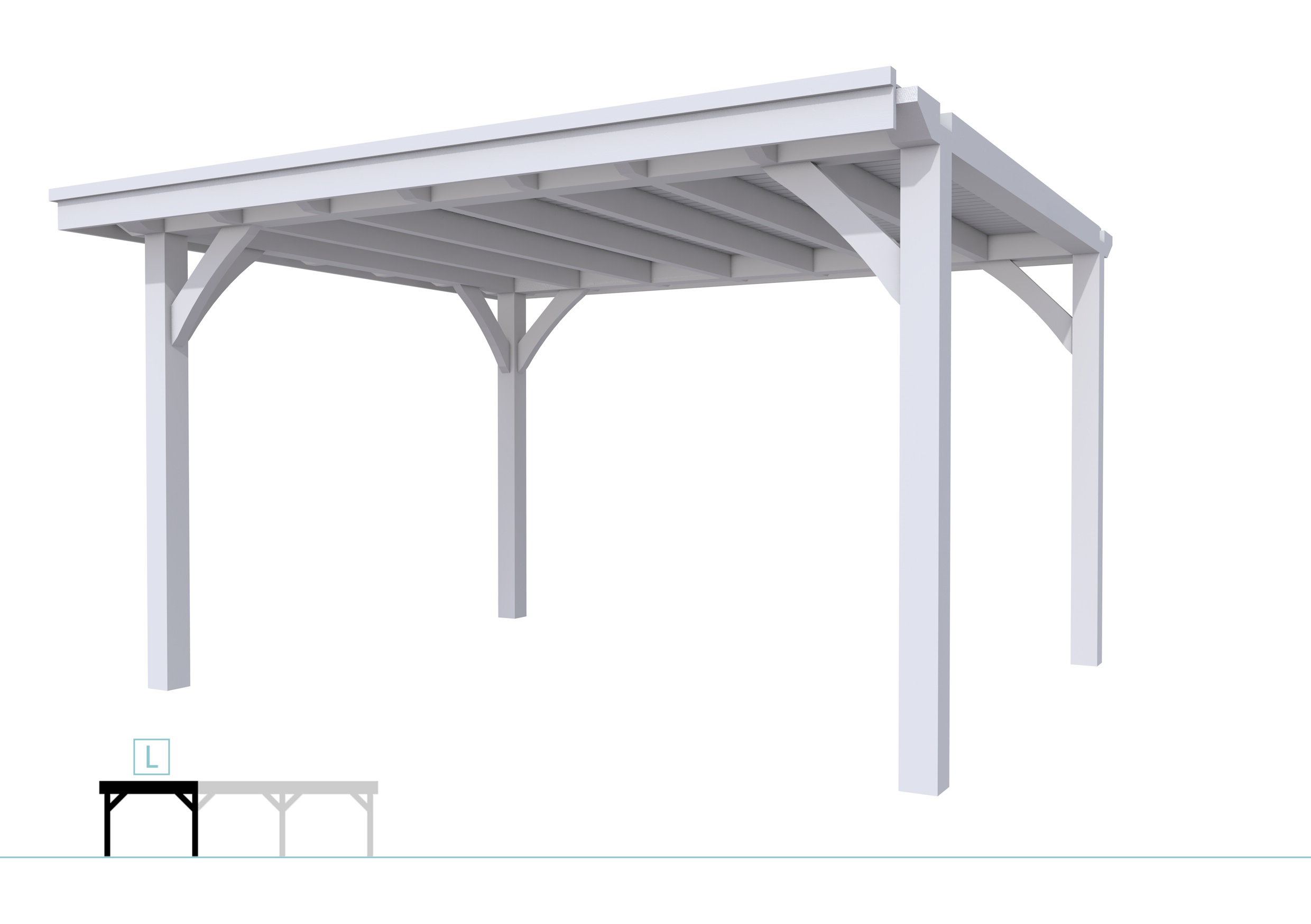 Buitenverblijf plat dak Excellent Modulair, vuren, linkerdeel L/E, 399x307 cm, lichtgrijs gespoten.