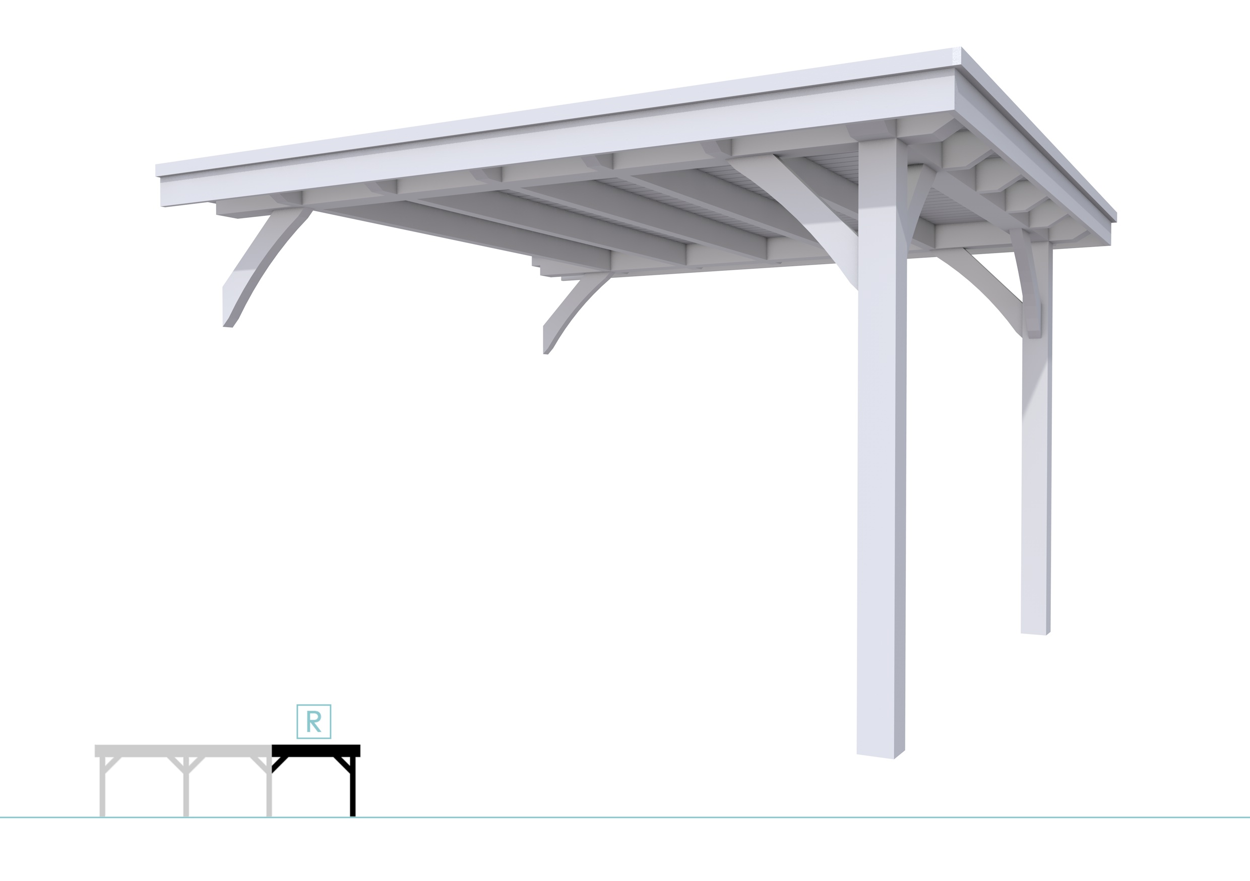 Buitenverblijf plat dak Excellent Modulair, vuren, rechterdeel L/D, 343x307 cm, lichtgrijs gespoten.