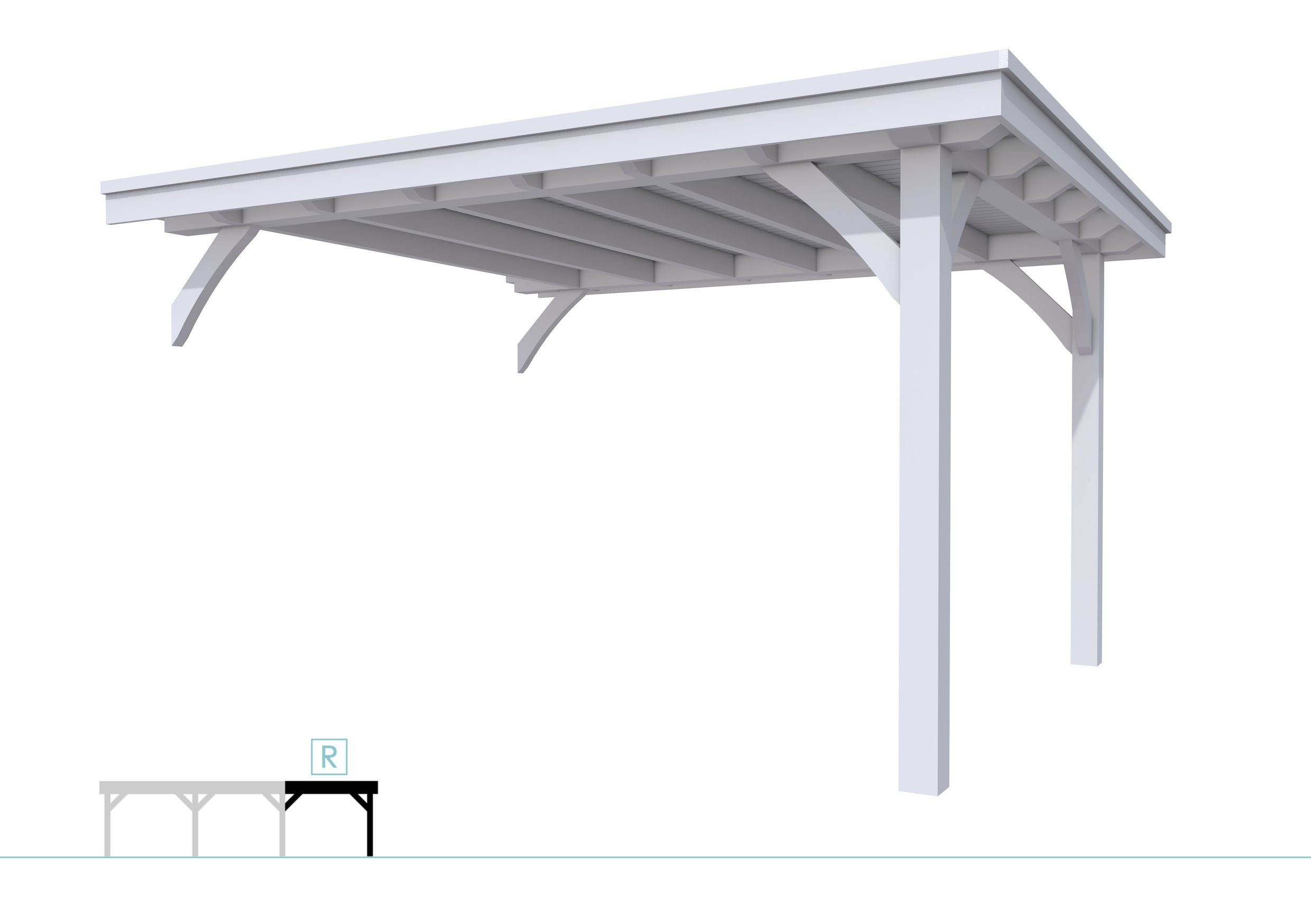 Buitenverblijf plat dak Excellent Modulair, vuren, rechterdeel L/E, 385x307 cm, lichtgrijs gespoten.