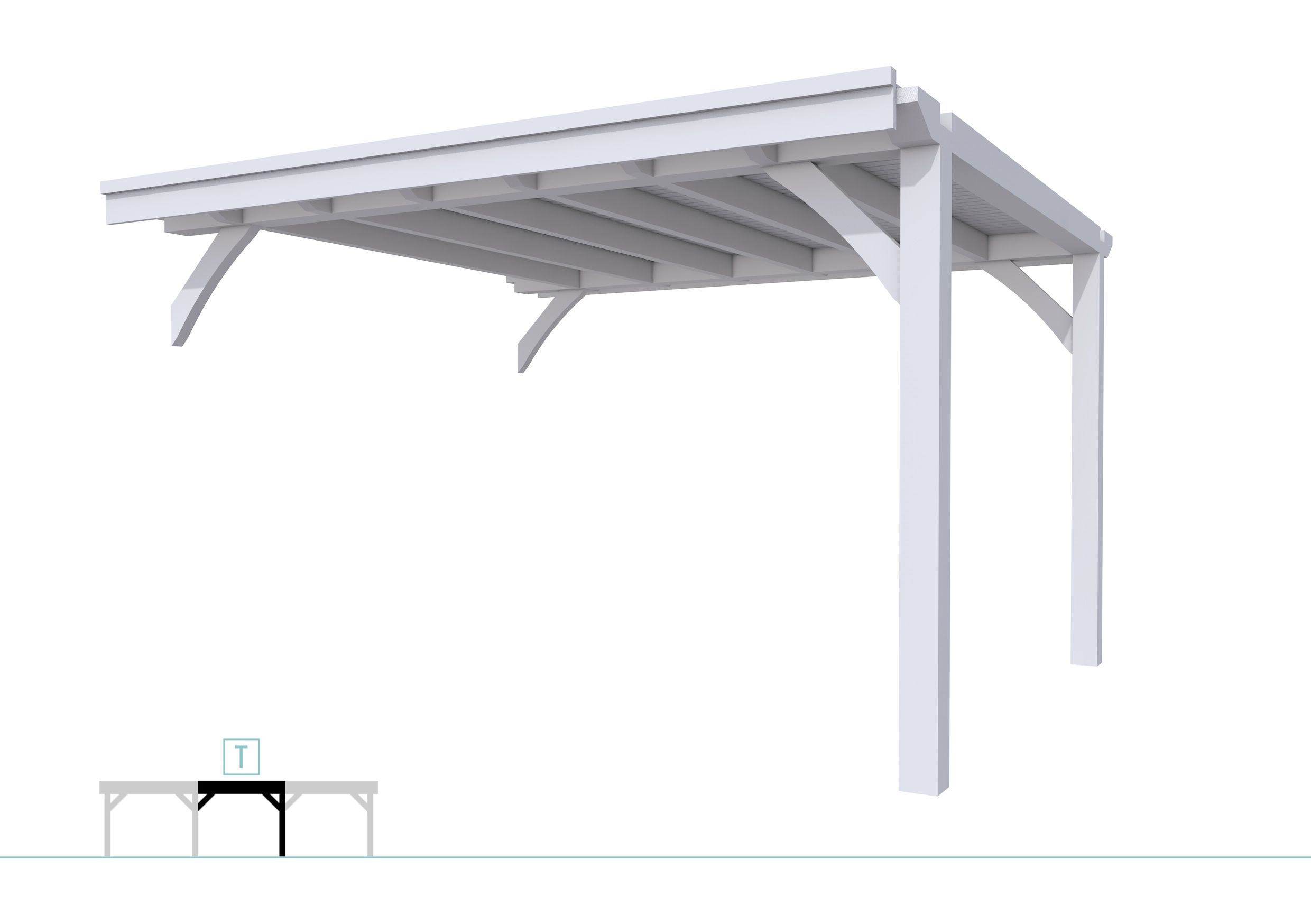 Buitenverblijf plat dak Excellent Modulair, vuren, tussenstuk L/E, 385x307 cm, lichtgrijs gespoten.