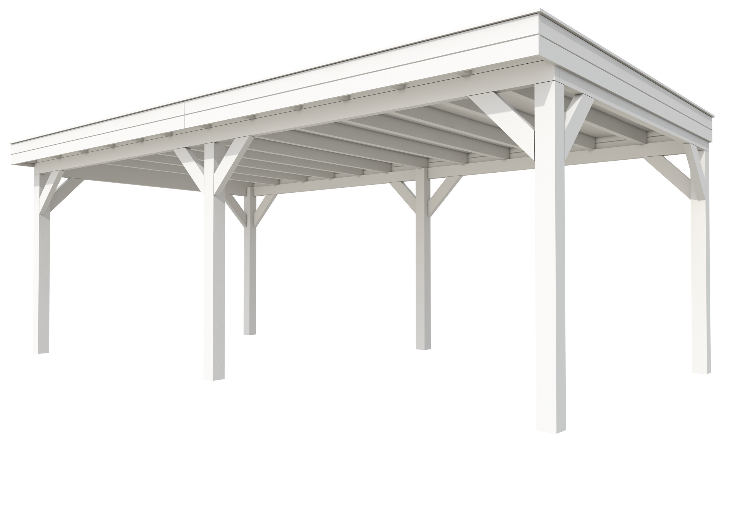 Buitenverblijf plat dak Premium II, vuren, basismodel XL/D, 699x357 cm, wit gespoten.