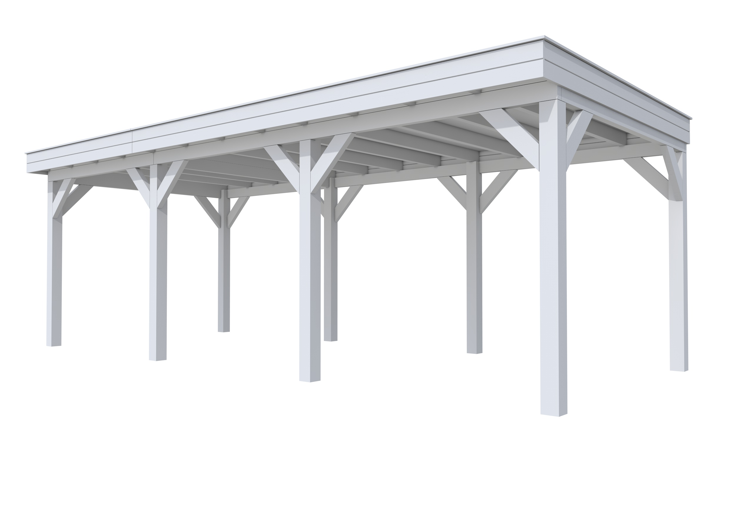 Buitenverblijf plat dak Premium III, vuren, basismodel L/B, 742x307 cm, lichtgrijs gespoten.