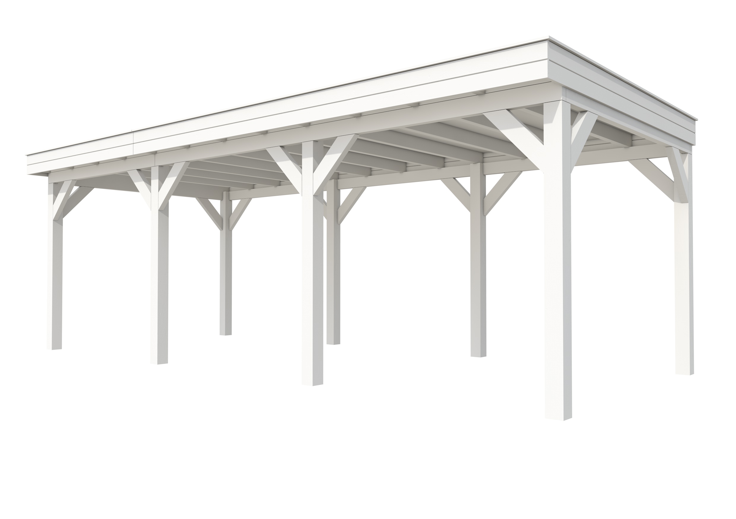 Buitenverblijf plat dak Premium III, vuren, basismodel L/B, 742x307 cm, wit gespoten.