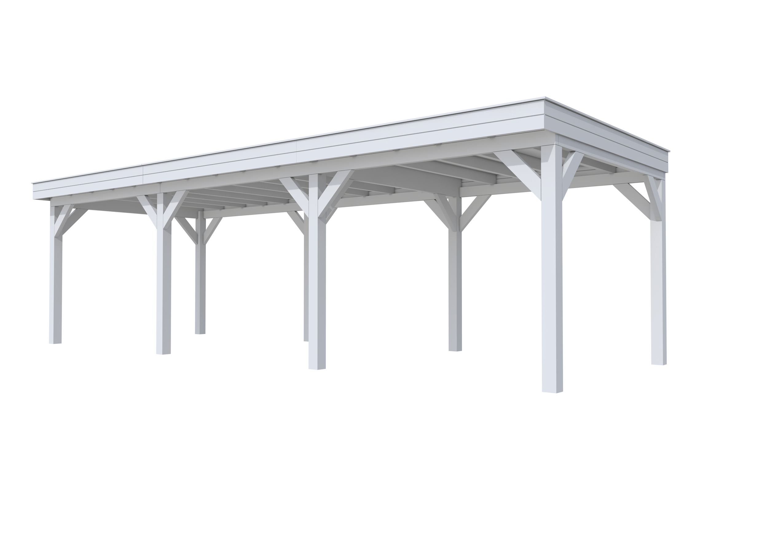 Buitenverblijf plat dak Premium III, vuren, basismodel L/C, 892x307 cm, lichtgrijs gespoten.