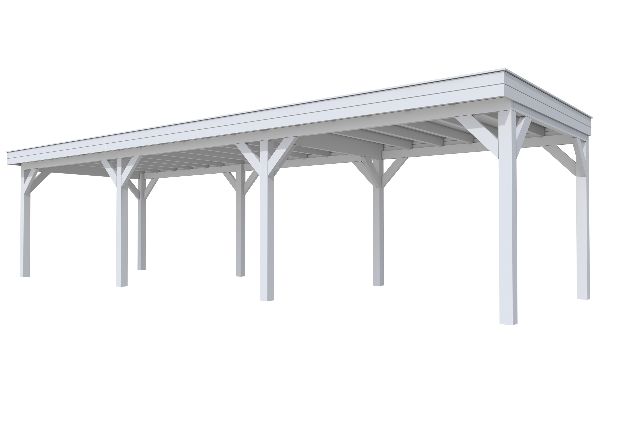 Buitenverblijf plat dak Premium III, vuren, basismodel L/D, 1042x307 cm, lichtgrijs gespoten.