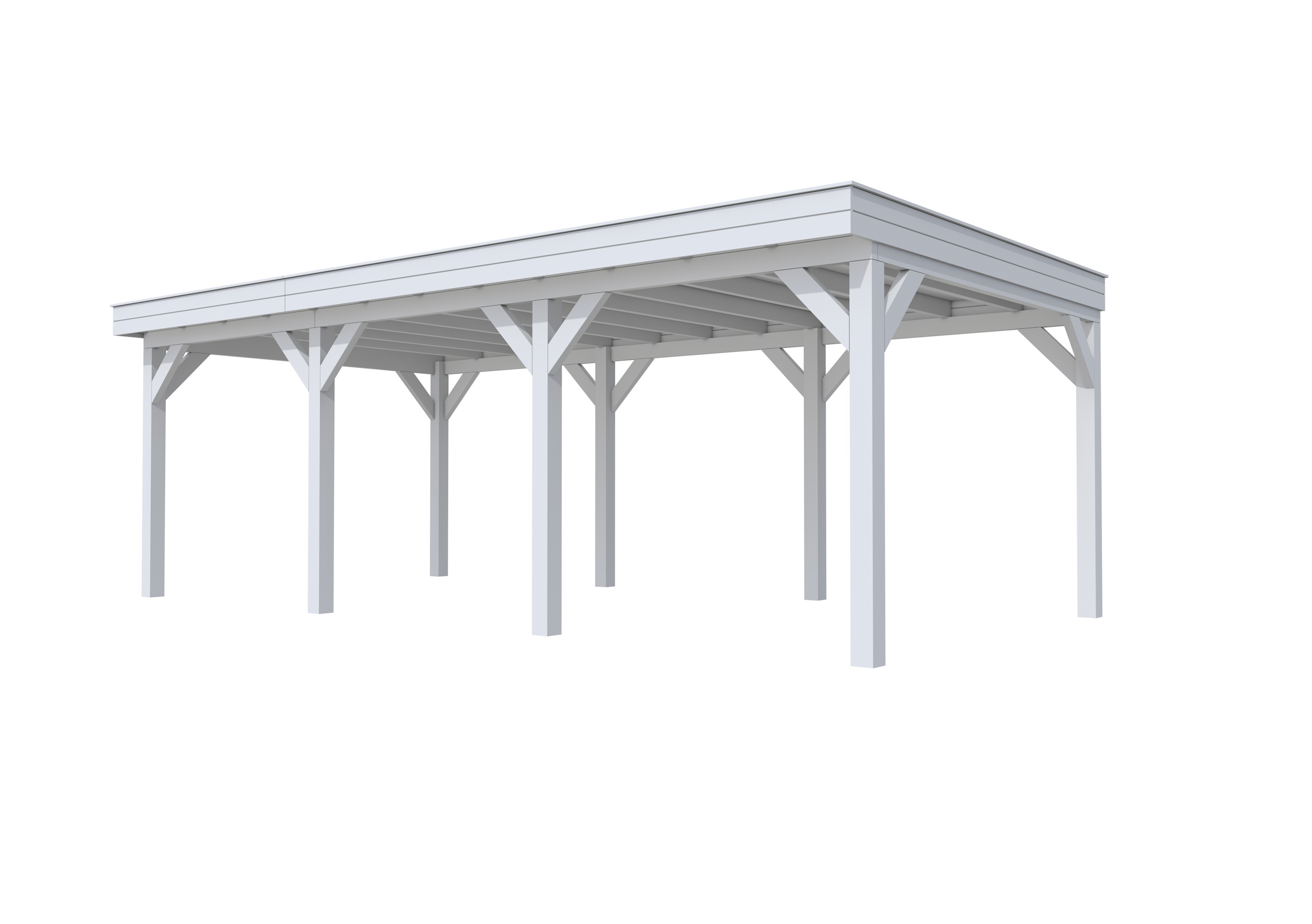Buitenverblijf plat dak Premium III, vuren, basismodel XL/B, 742x357 cm, lichtgrijs gespoten.