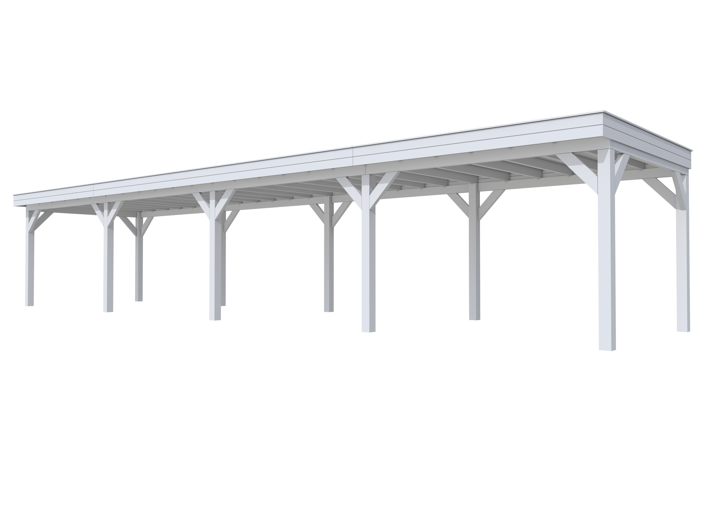 Buitenverblijf plat dak Premium IV, vuren, basismodel L/D, 1384x307 cm, lichtgrijs gespoten.