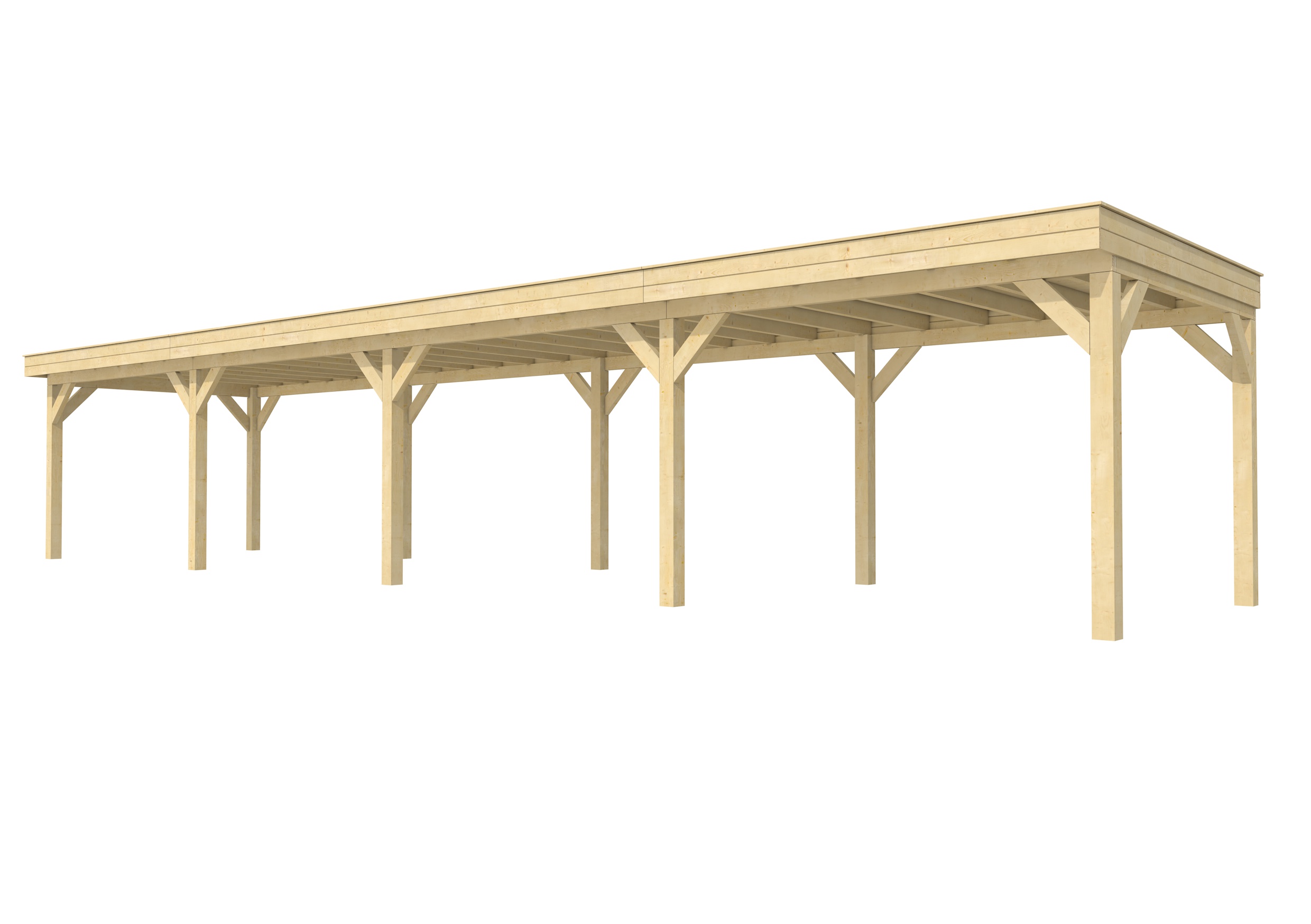 Buitenverblijf plat dak Premium IV, vuren, basismodel L/D, 1384x307 cm, onbehandeld.