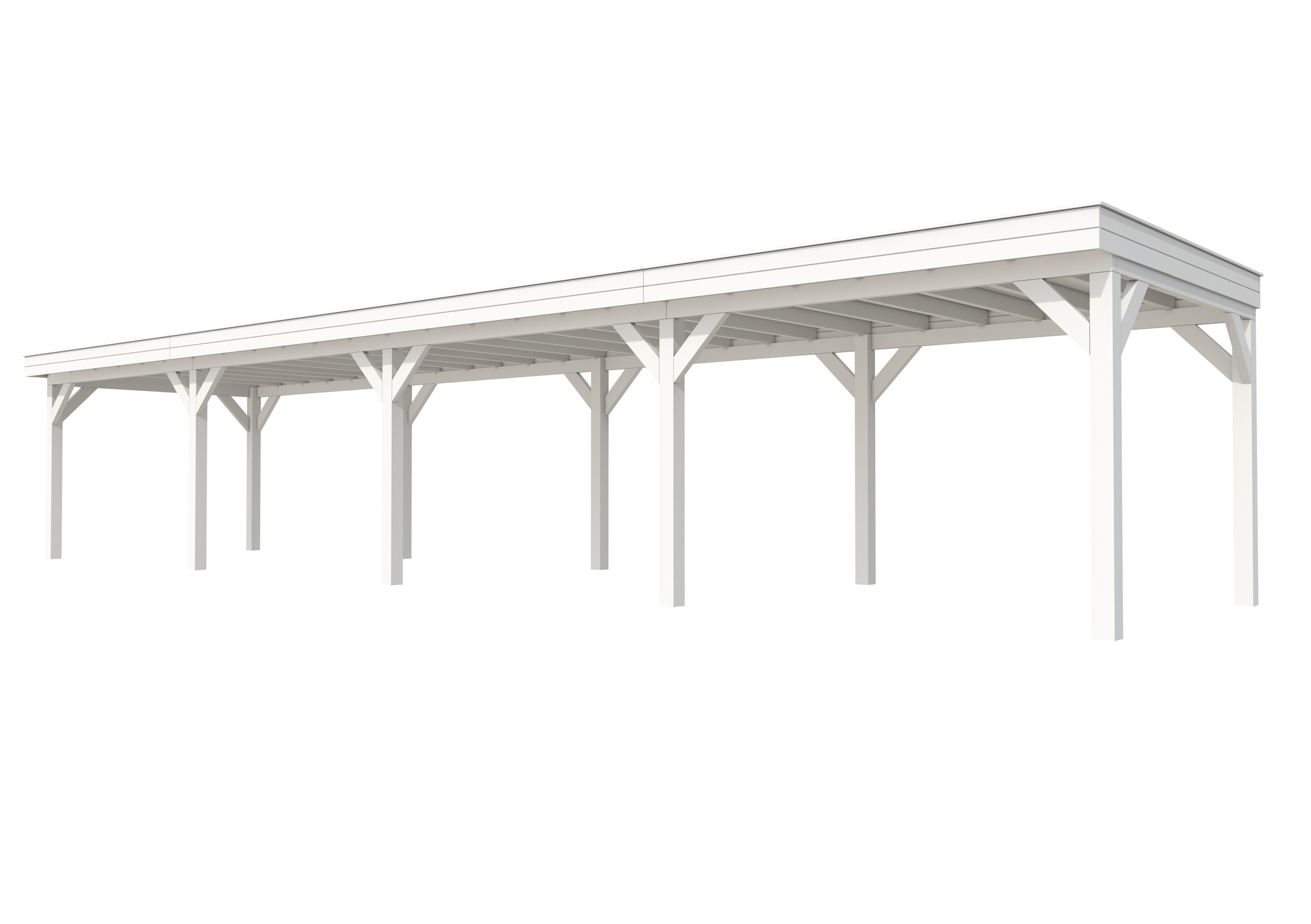 Buitenverblijf plat dak Premium IV, vuren, basismodel L/D, 1384x307 cm, wit gespoten.