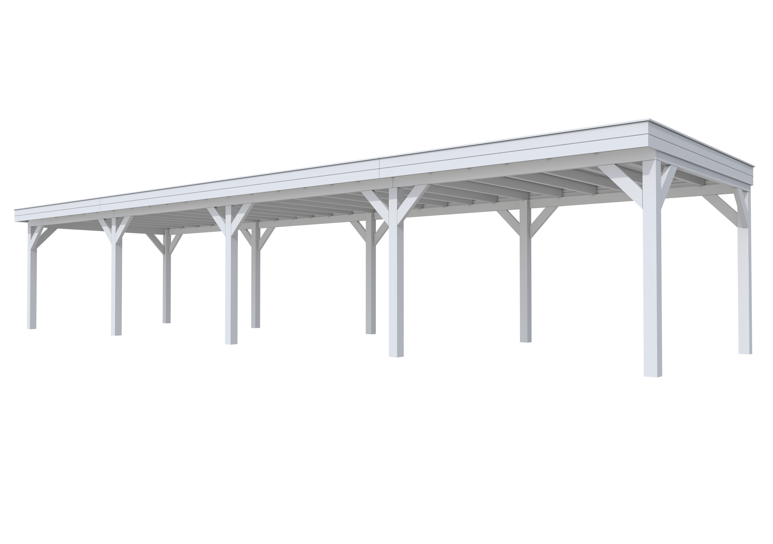 Buitenverblijf plat dak Premium IV, vuren, basismodel XL/D, 1384x357 cm, lichtgrijs gespoten.