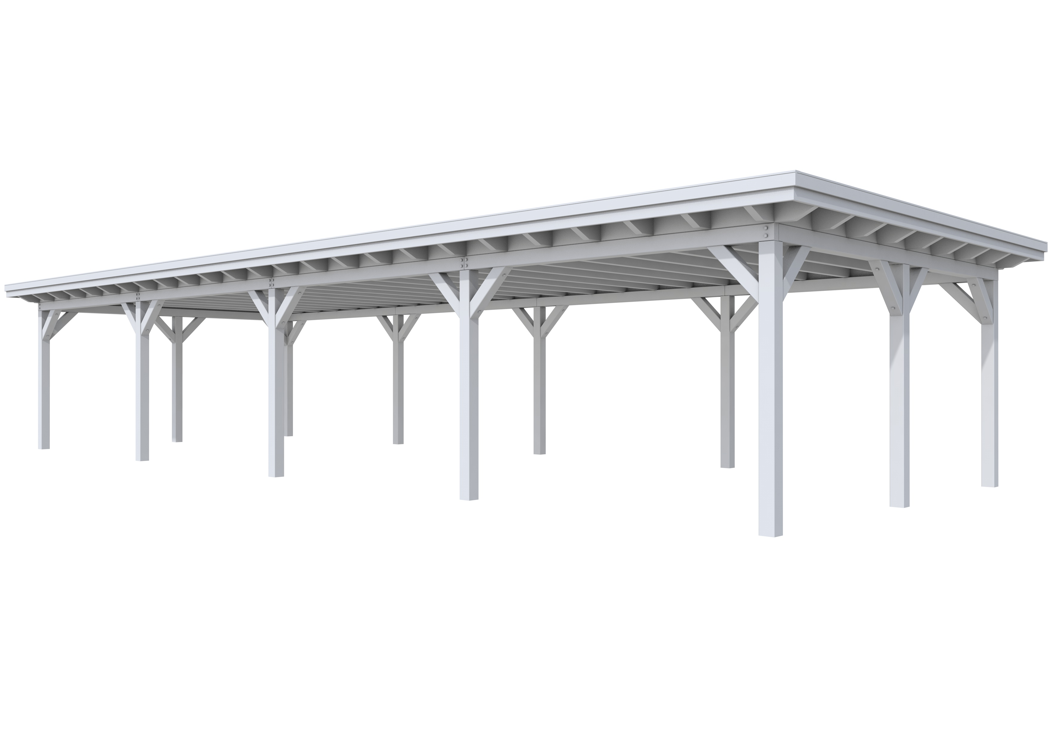 Buitenverblijf plat dak Prestige IV, vuren, basismodel XXXL/D, 1384x499 cm, lichtgrijs gespoten.