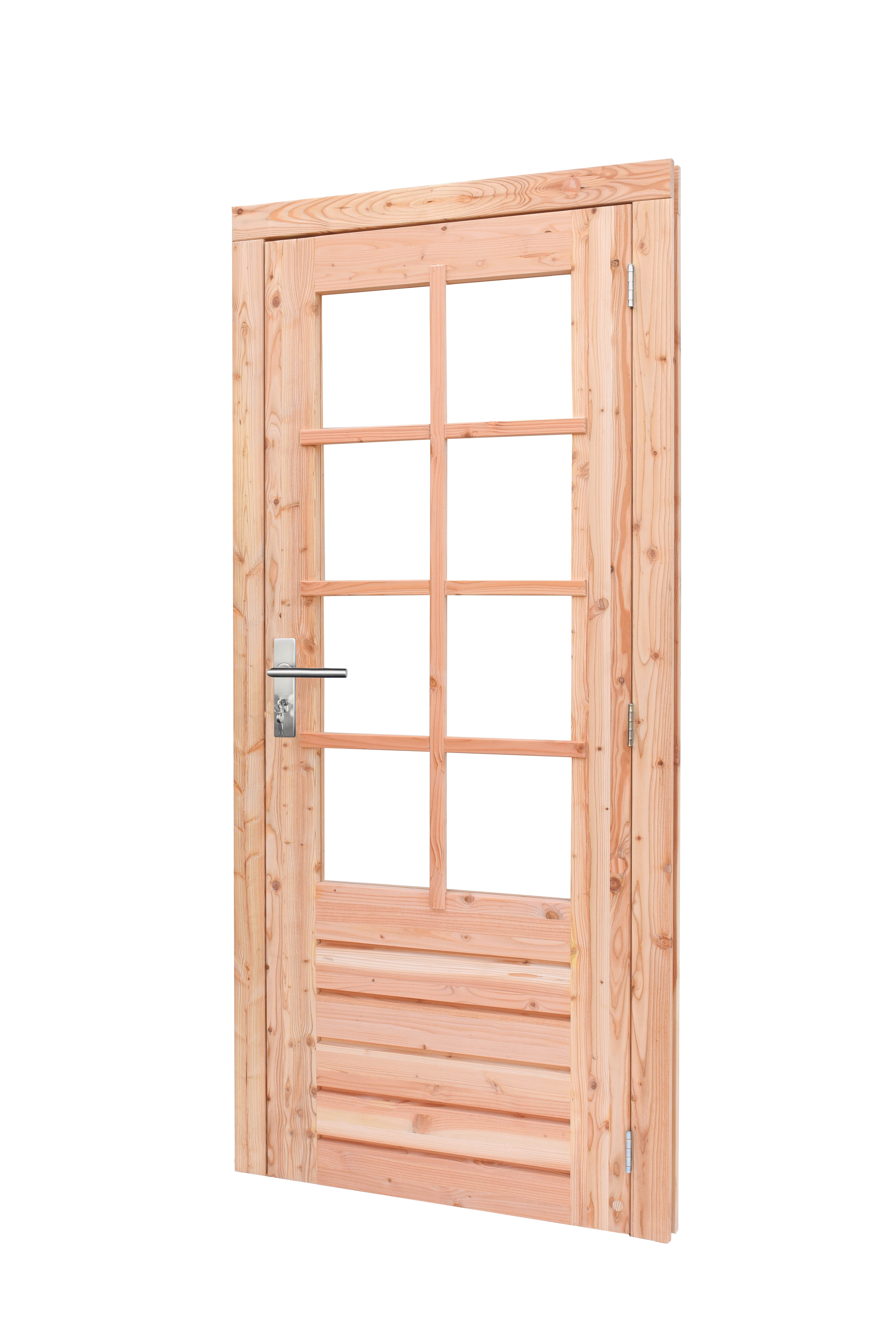 Douglas enkele 8-ruits deur inclusief kozijn, rechtsdraaiend, 90 x 201 cm, transparant gespoten.