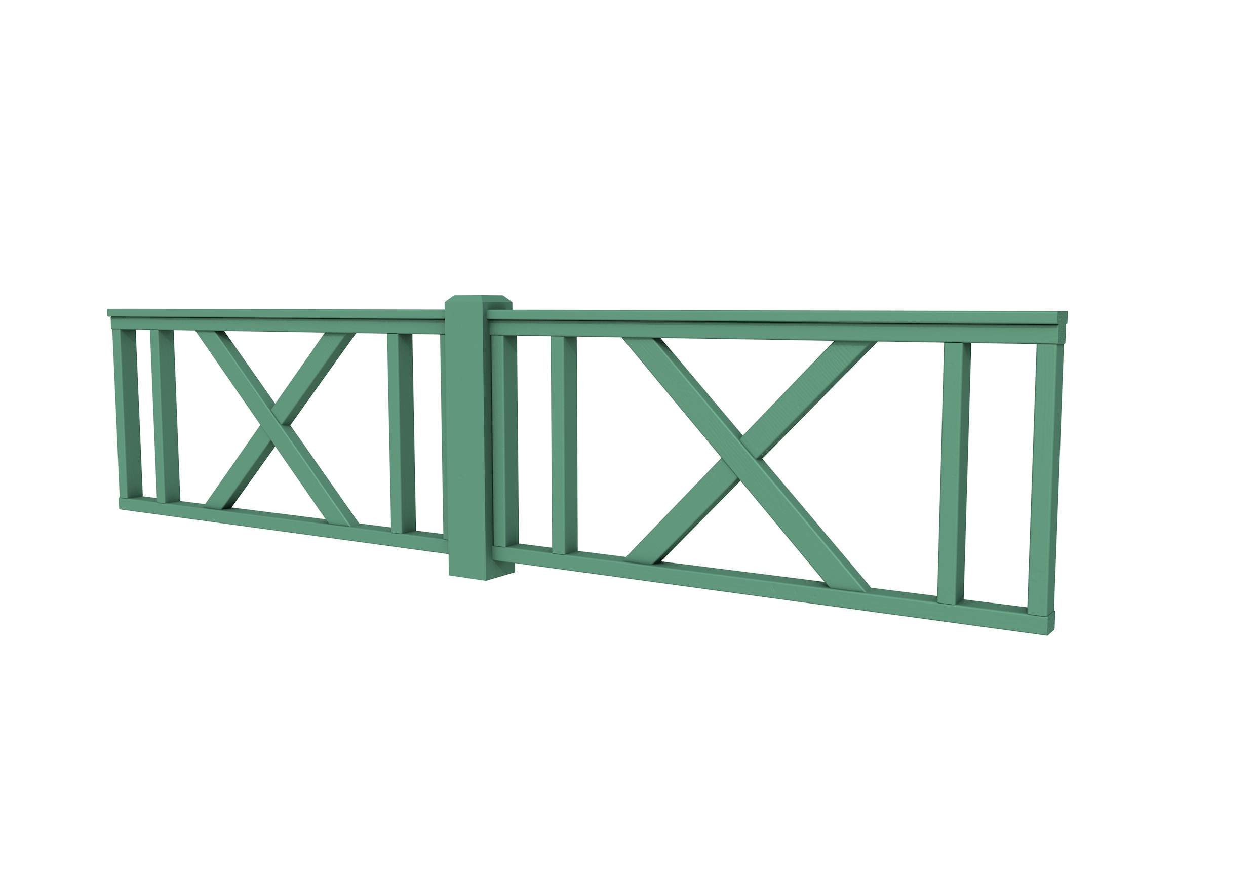 Hekwerk met kruis vuren type D, 328,5 x 73 cm, jungle groen gespoten.