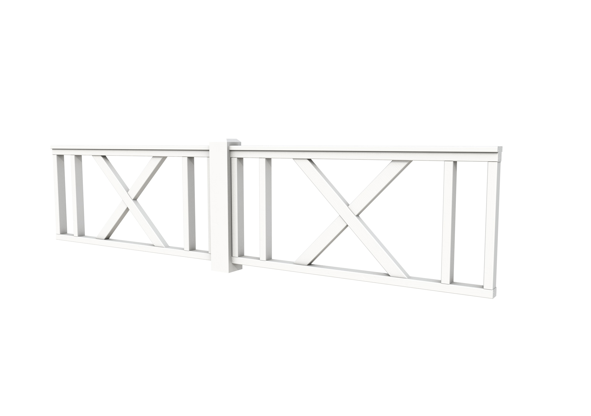 Hekwerk met kruis vuren type D, 328,5 x 73 cm, wit gespoten.