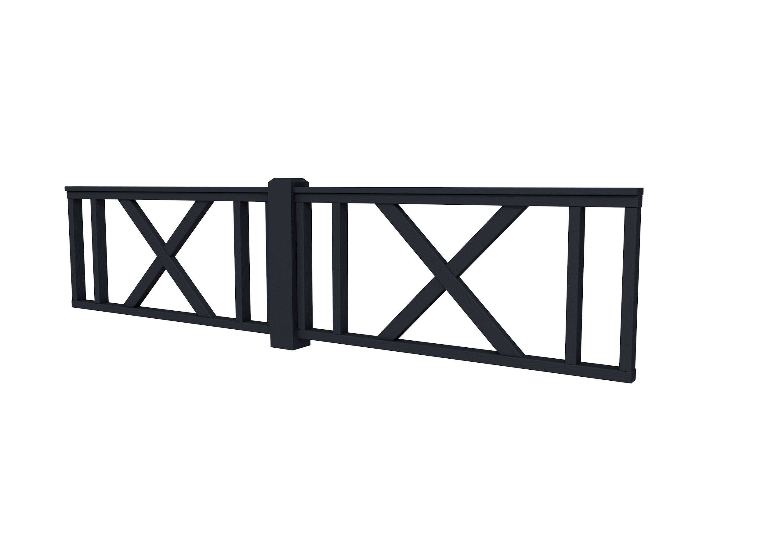 Hekwerk met kruis vuren type D, 328,5 x 73 cm, zwart gespoten.