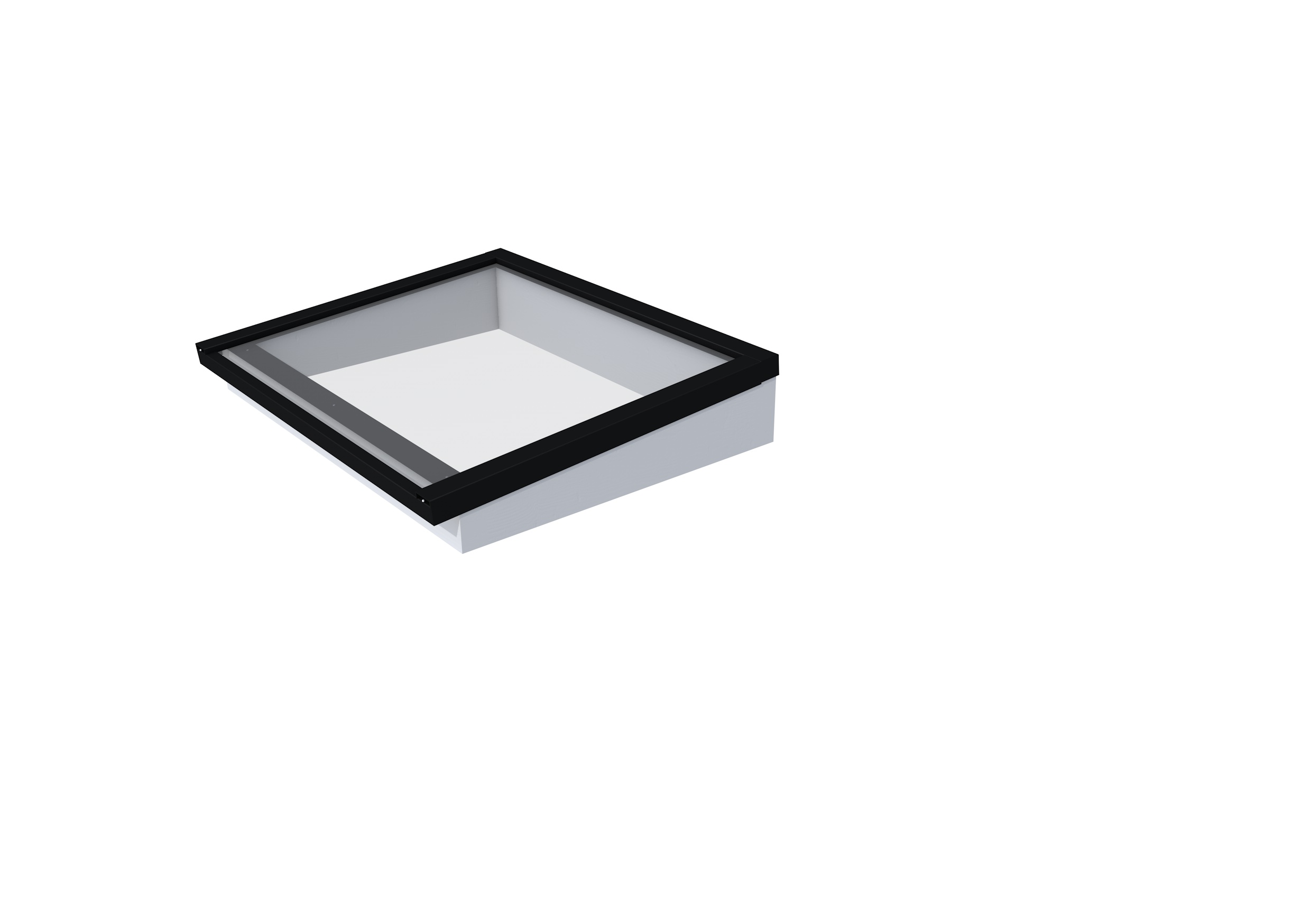 Lichtstraat maat 130 x 100 cm, zwart gecoat aluminium raamwerk, basis in vurenhout, lichtgrijs gespoten.