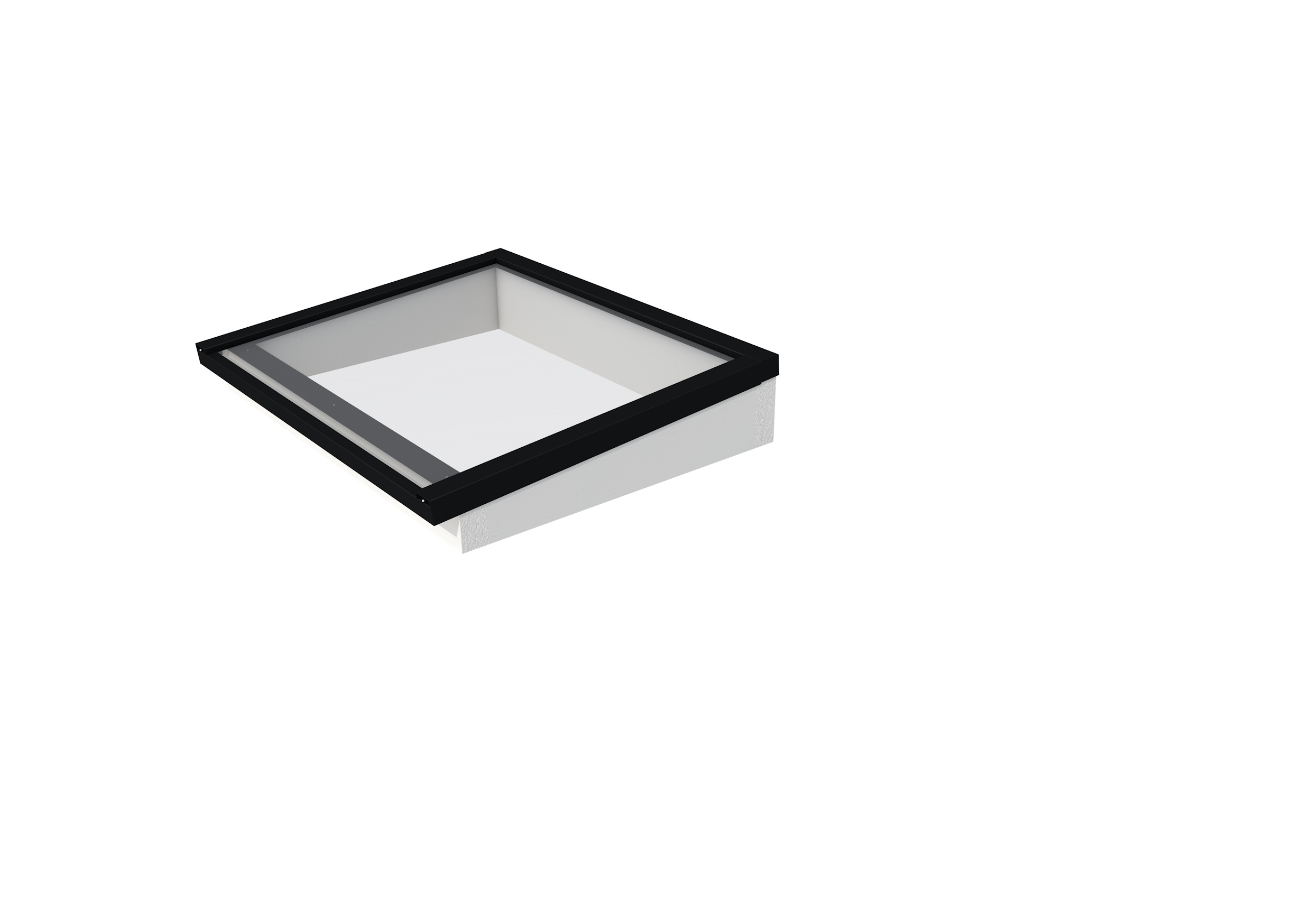 Lichtstraat maat 130 x 100 cm, zwart gecoat aluminium raamwerk, basis in vurenhout, wit gespoten.