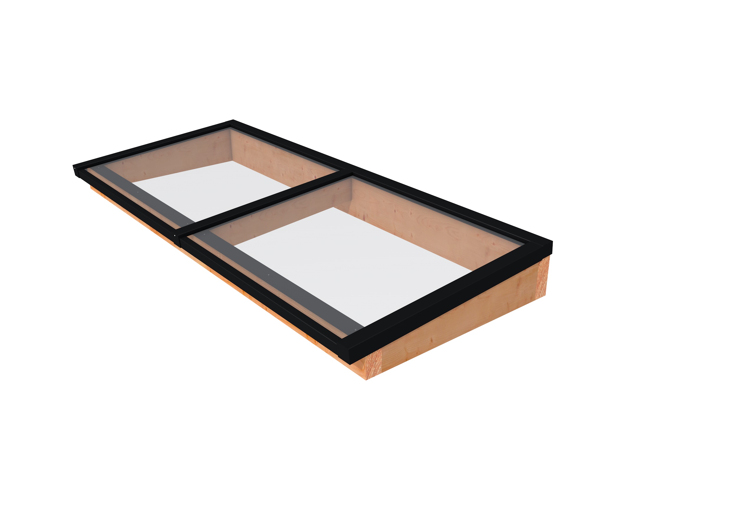 Lichtstraat maat 250 x 100 cm, zwart gecoat aluminium raamwerk, basis in douglashout, onbehandeld.