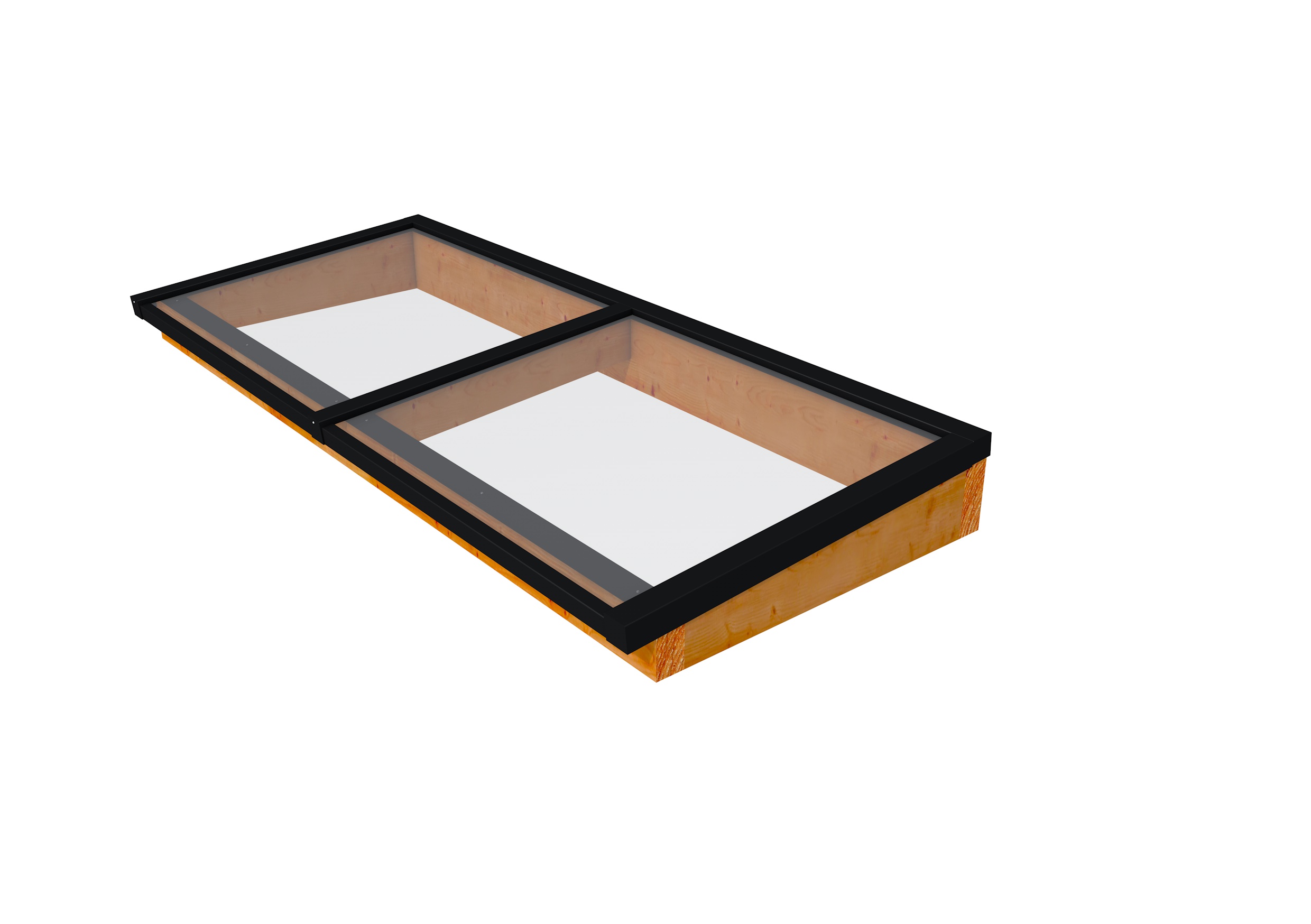 Lichtstraat maat 250 x 100 cm, zwart gecoat aluminium raamwerk, basis in douglashout, transparant gespoten.