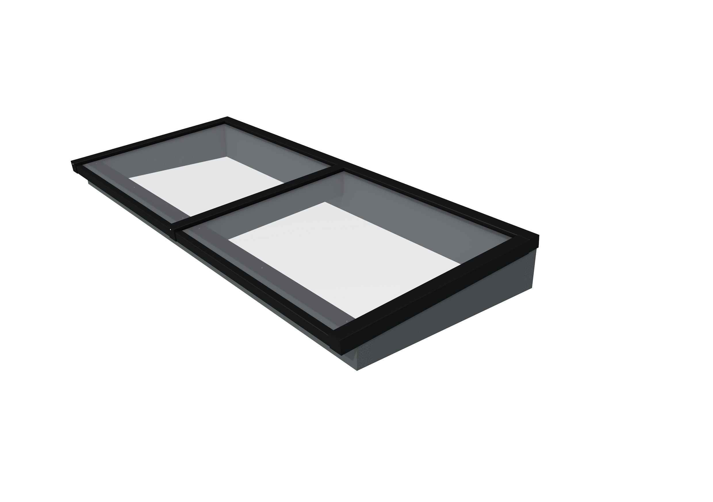 Lichtstraat maat 250 x 100 cm, zwart gecoat aluminium raamwerk, basis in vurenhout, antraciet gespoten.