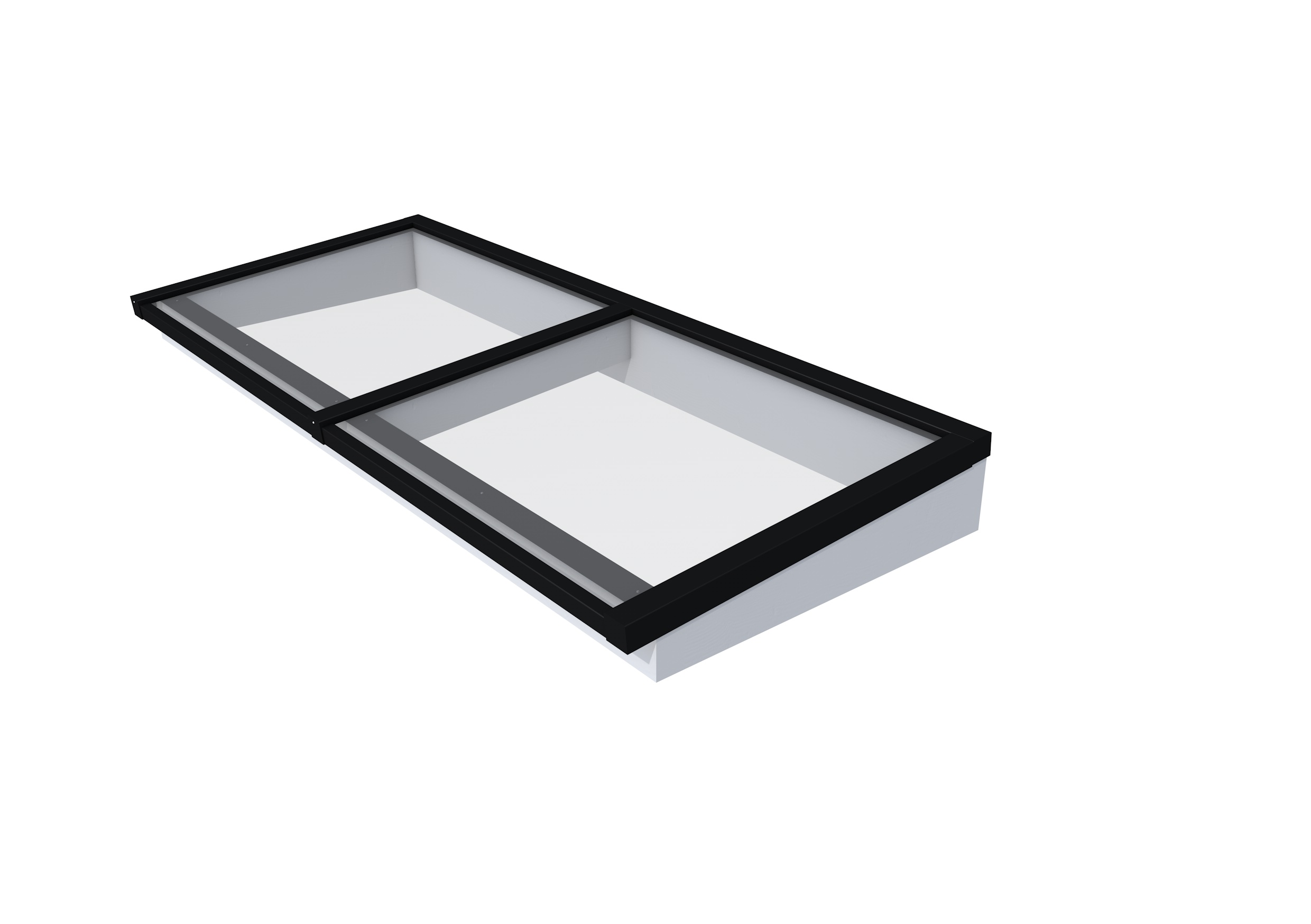 Lichtstraat maat 250 x 100 cm, zwart gecoat aluminium raamwerk, basis in vurenhout, lichtgrijs gespoten.