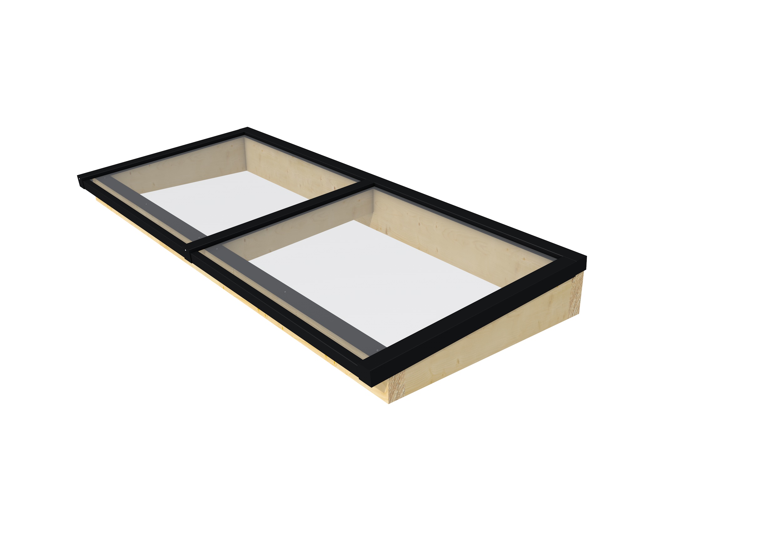 Lichtstraat maat 250 x 100 cm, zwart gecoat aluminium raamwerk, basis in vurenhout, onbehandeld.