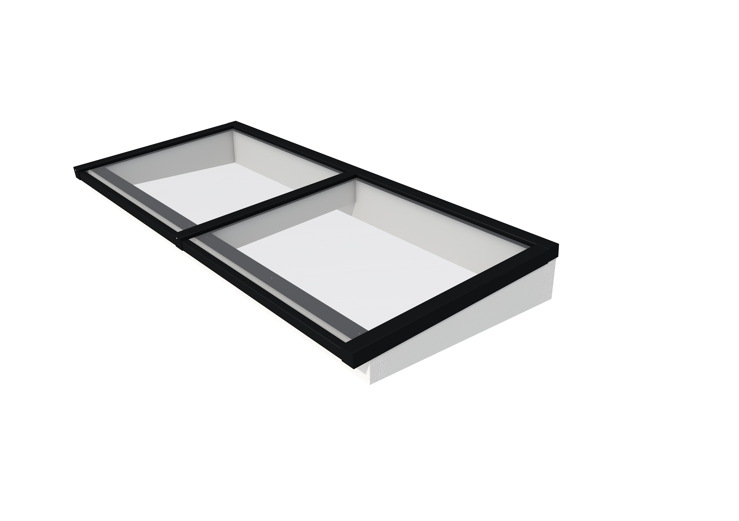 Lichtstraat maat 250 x 100 cm, zwart gecoat aluminium raamwerk, basis in vurenhout, wit gespoten.