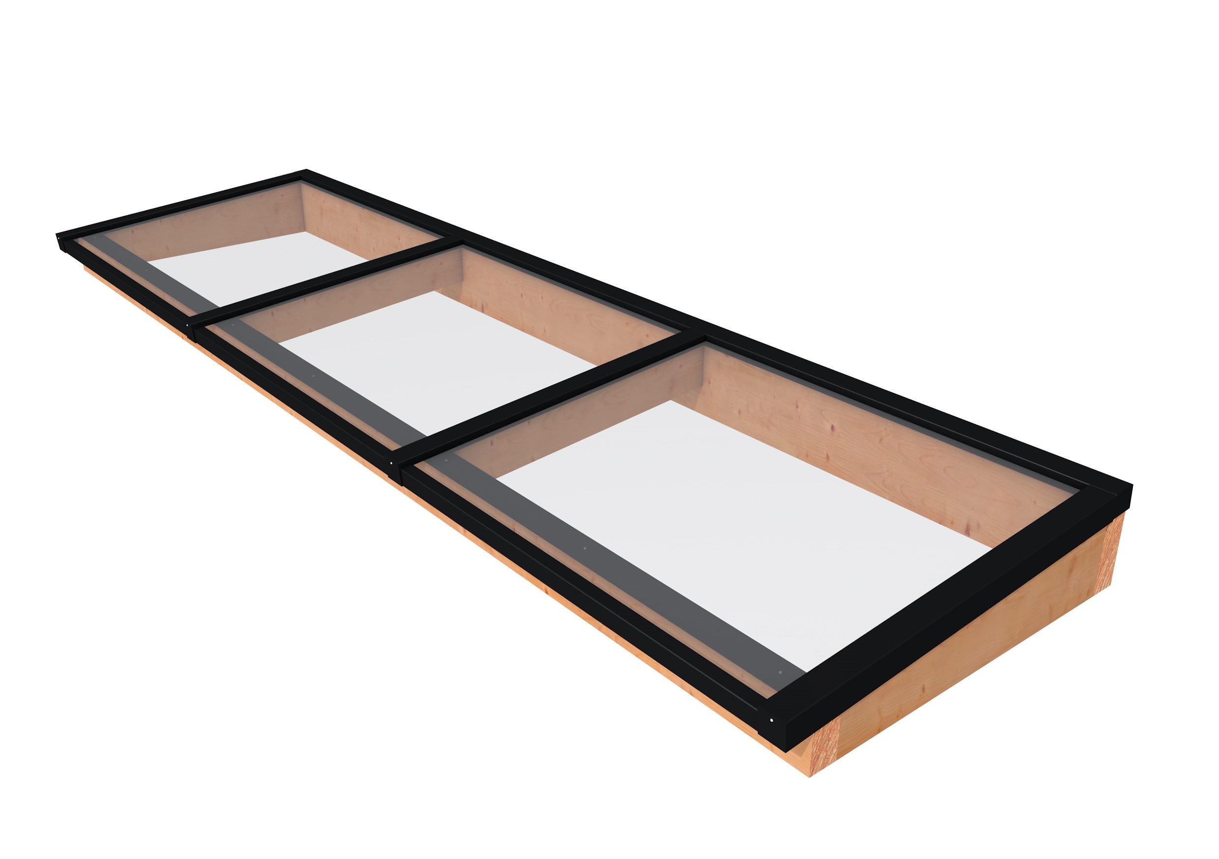 Lichtstraat maat 370 x 100 cm, zwart gecoat aluminium raamwerk, basis in douglashout, onbehandeld.