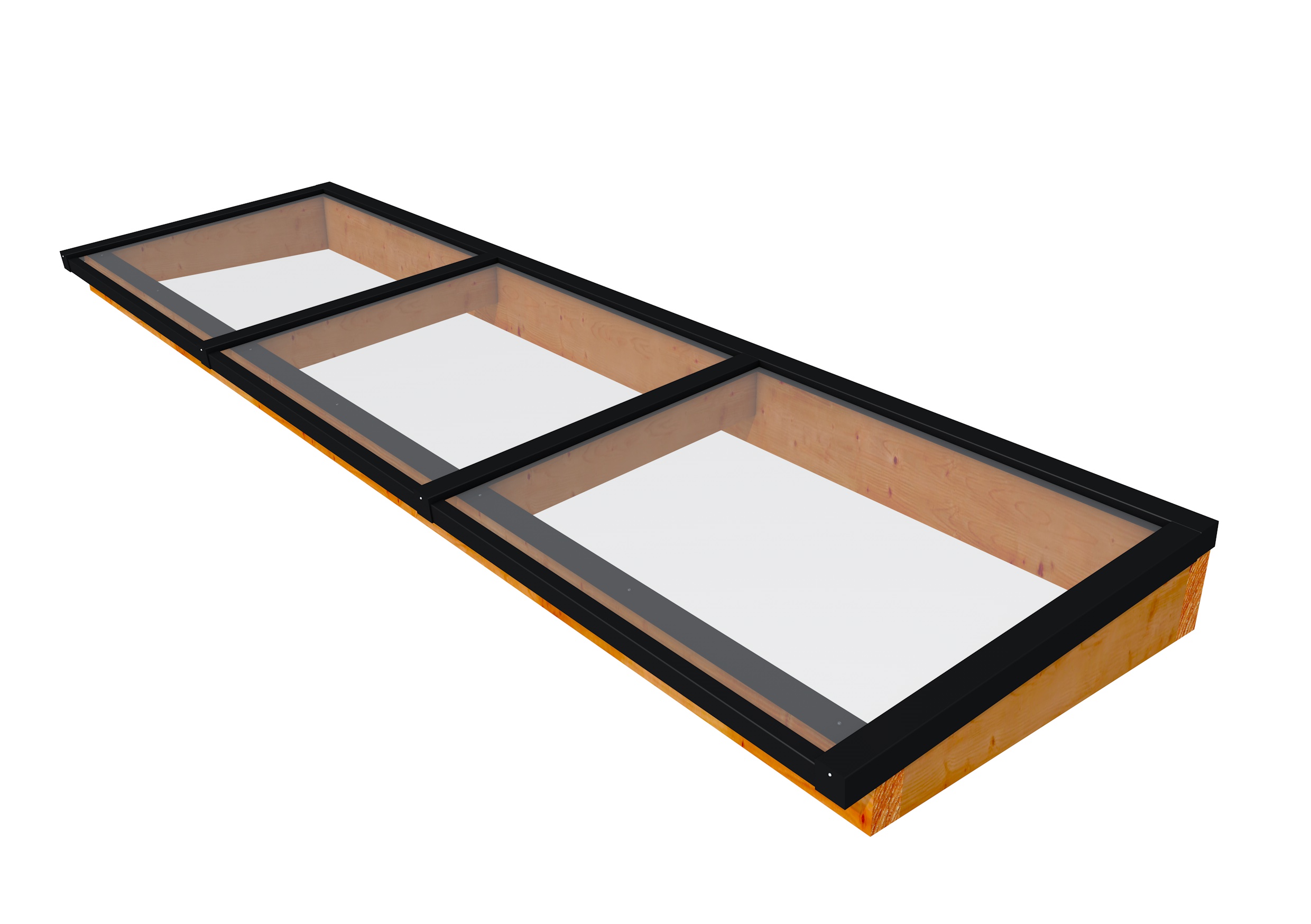 Lichtstraat maat 370 x 100 cm, zwart gecoat aluminium raamwerk, basis in douglashout, transparant gespoten.