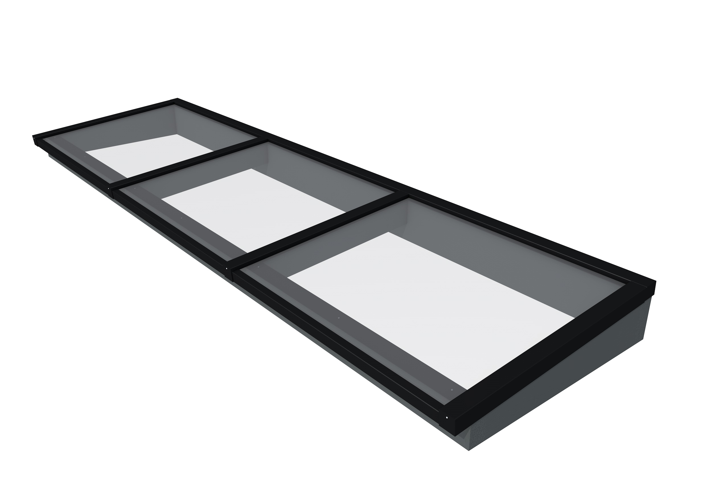 Lichtstraat maat 370 x 100 cm, zwart gecoat aluminium raamwerk, basis in vurenhout, antraciet gespoten.