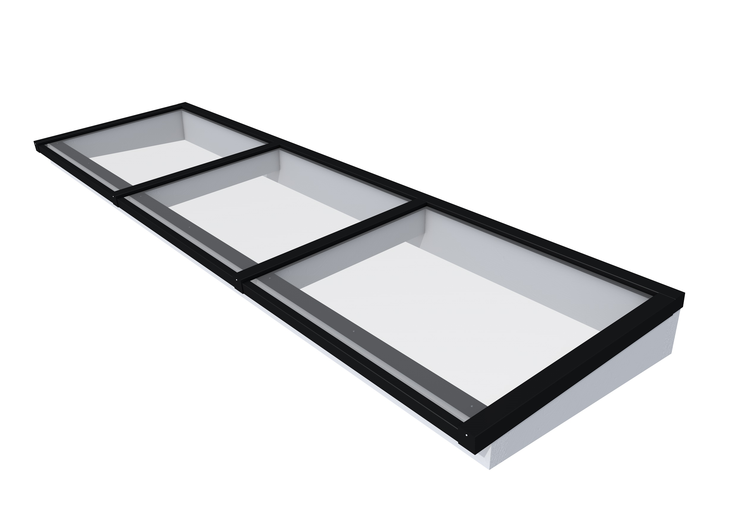 Lichtstraat maat 370 x 100 cm, zwart gecoat aluminium raamwerk, basis in vurenhout, lichtgrijs gespoten.