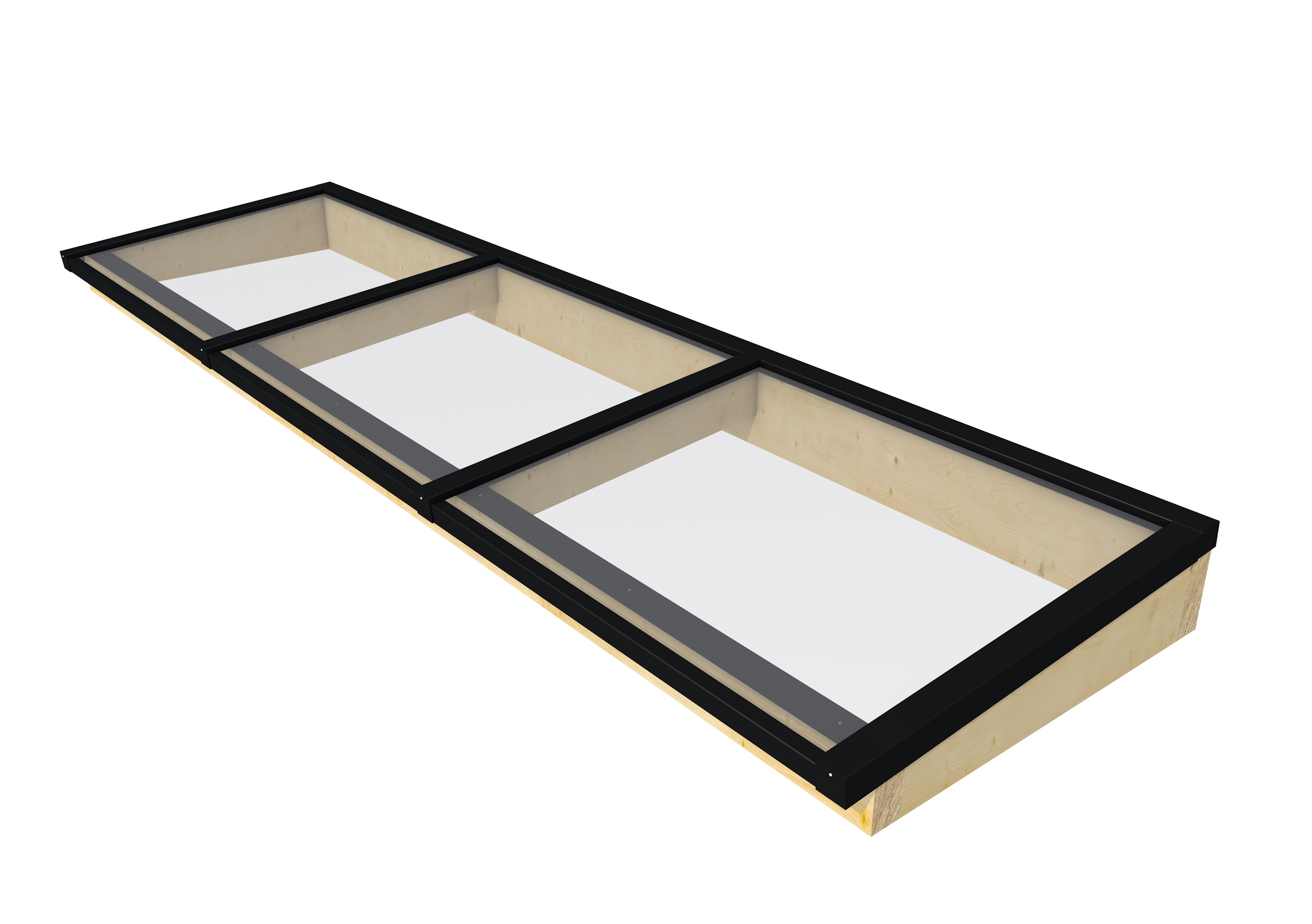 Lichtstraat maat 370 x 100 cm, zwart gecoat aluminium raamwerk, basis in vurenhout, onbehandeld.