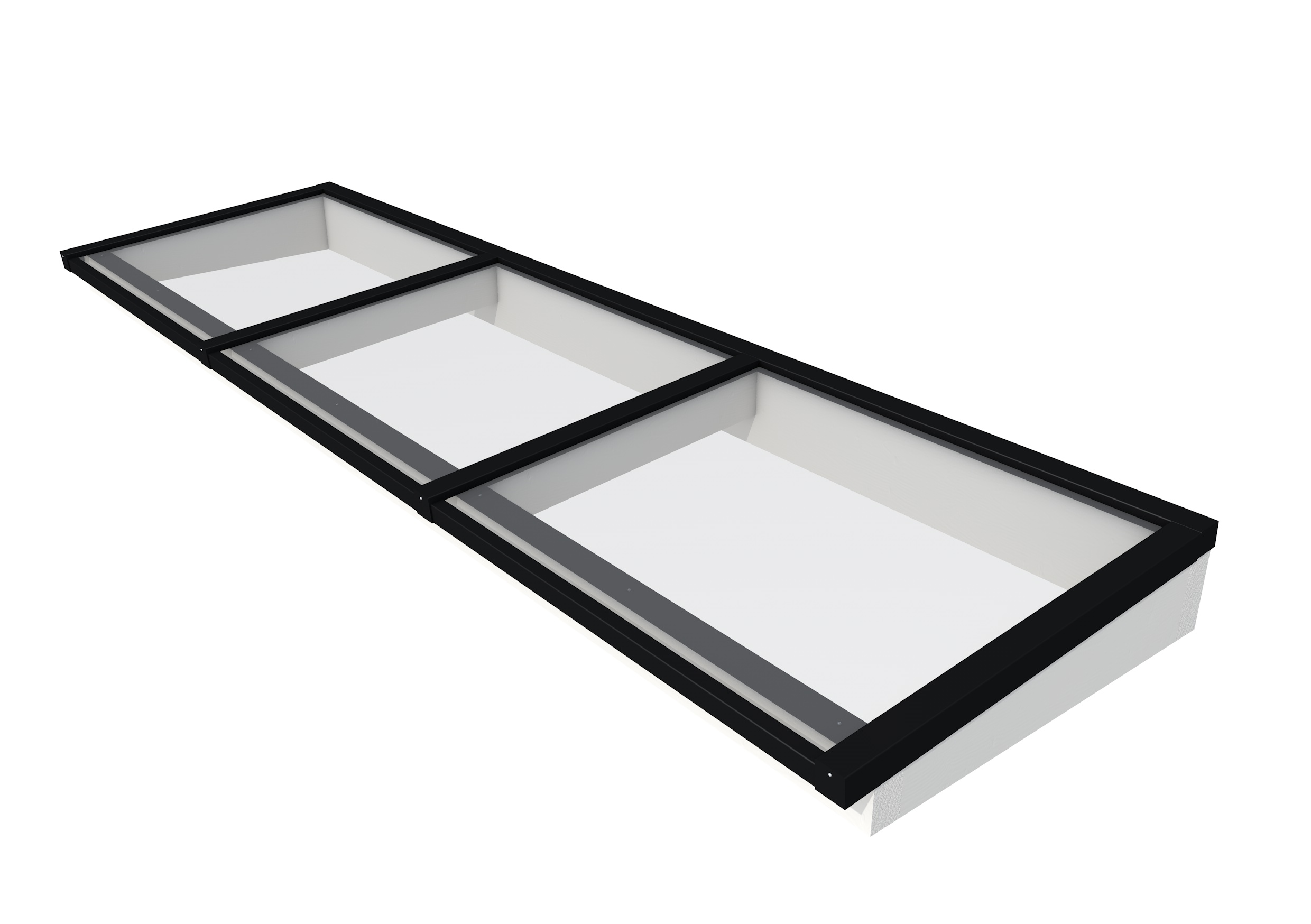 Lichtstraat maat 370 x 100 cm, zwart gecoat aluminium raamwerk, basis in vurenhout, wit gespoten.